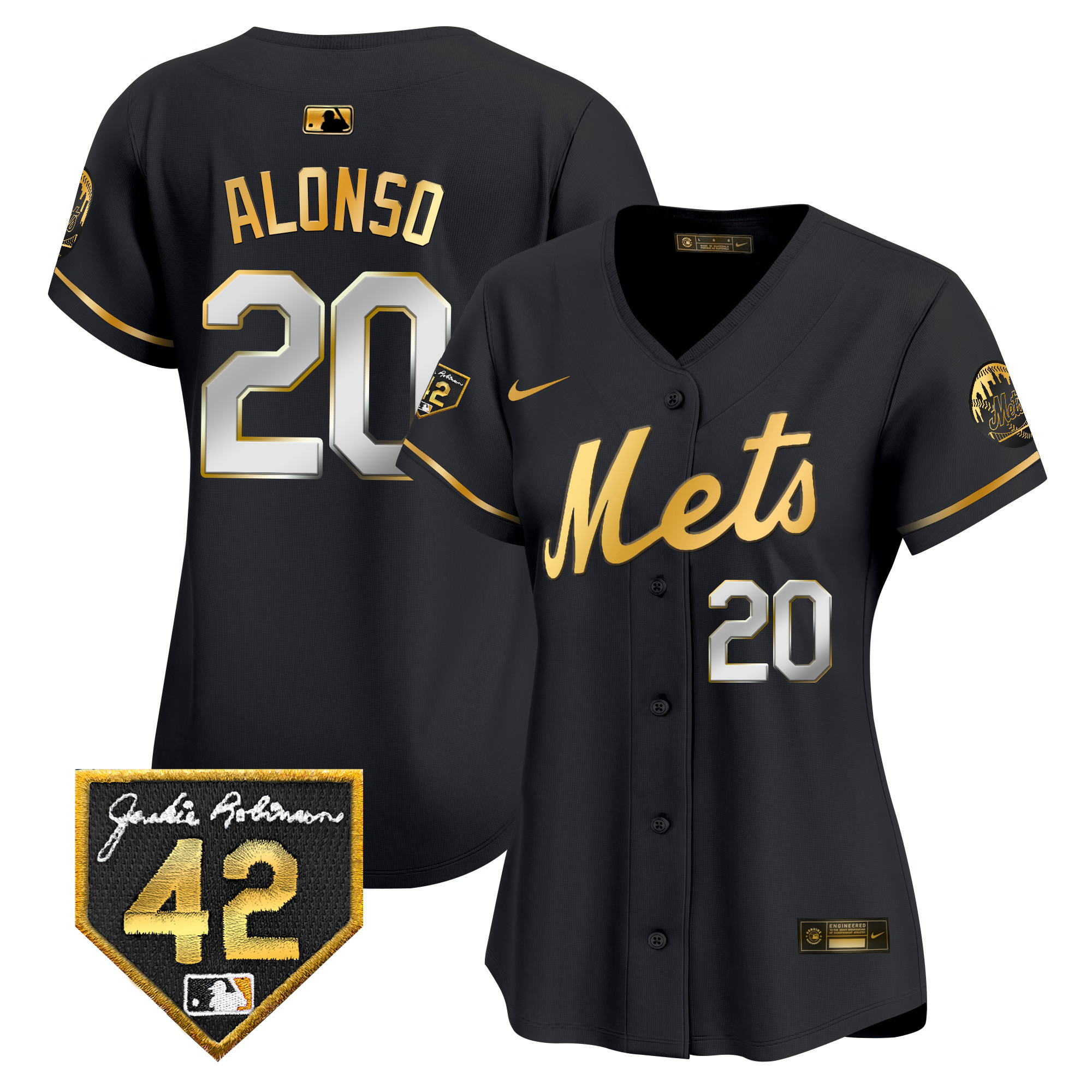 Pete Alonso Women's New York Mets 2024 Jackie Robinson Patch Vapor Premier Limited Black Gold Jersey - All Stitched