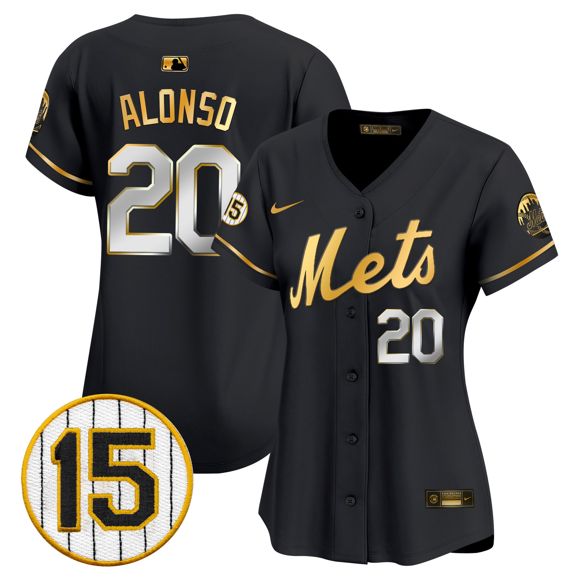 Pete Alonso Women's New York Mets Jerry Grote Patch Vapor Premier Limited Black Gold Jersey - All Stitched