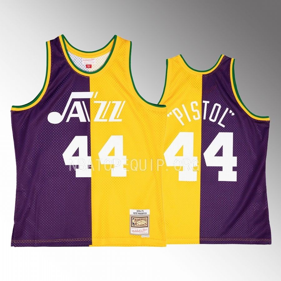 Pete Maravich Hardwood Classics 1974-75 Jersey New Orleans Jazz #44 Purple Yellow Split Swingman Men's Shirt