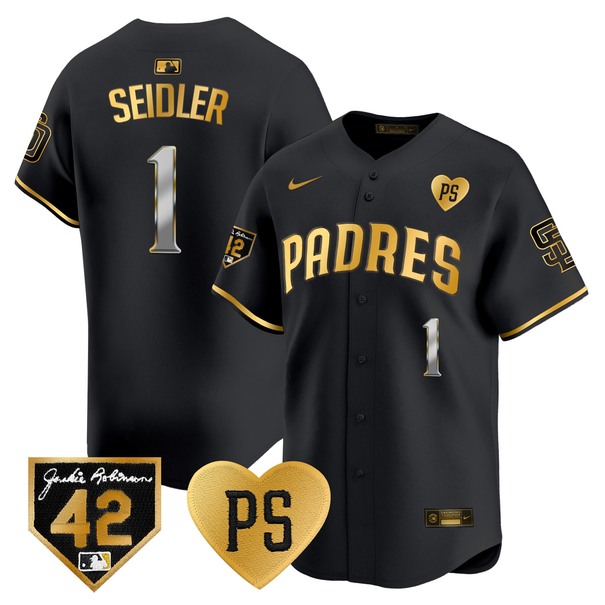 Peter Seidler Men's San Diego Padres 2024 "For Peter" & Robinson Patch Vapor Premier Limited Black Gold Jersey - All Stitched