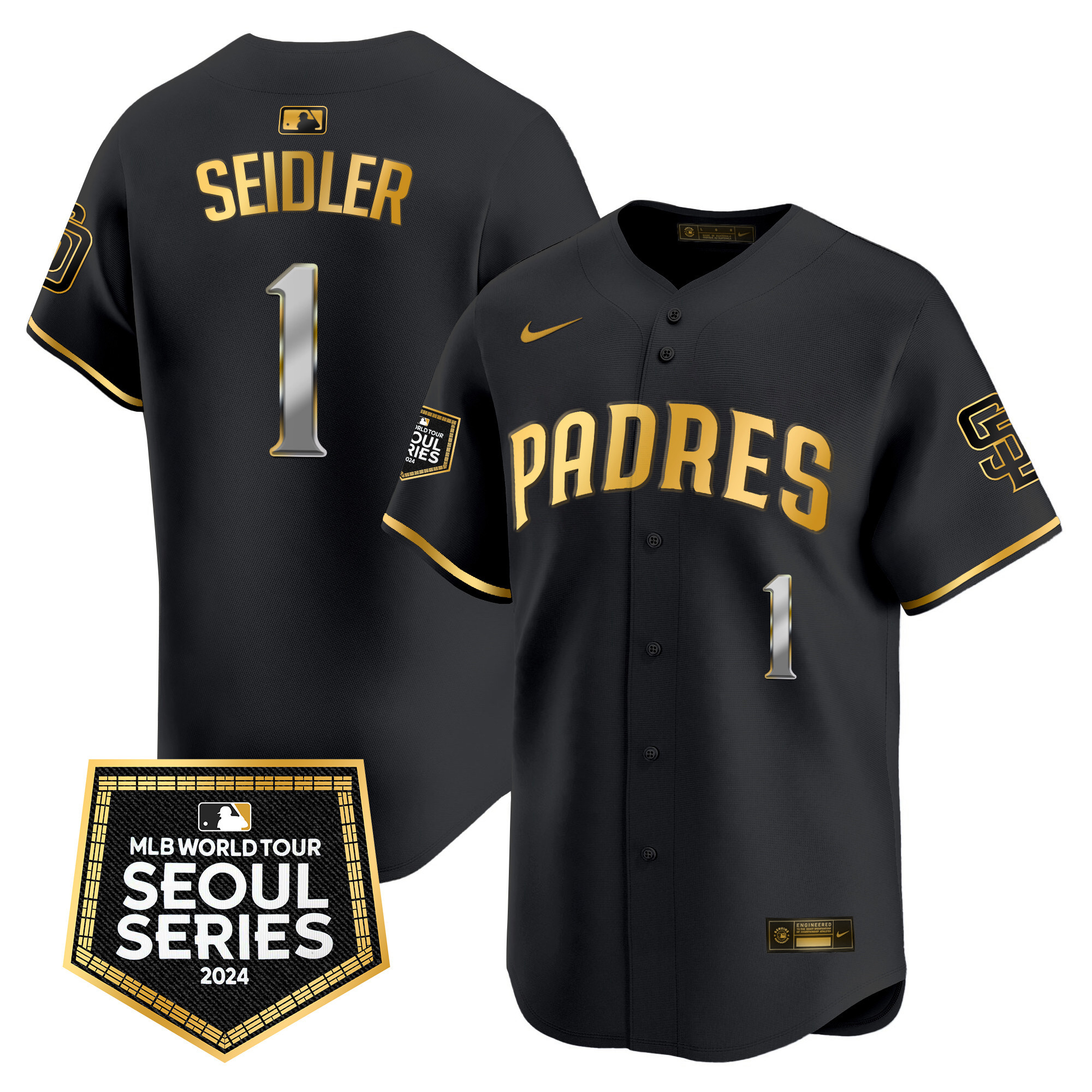 Peter Seidler Men's San Diego Padres 2024 World Tour Seoul Series Patch Vapor Premier Limited Black Gold Jersey - All Stitched