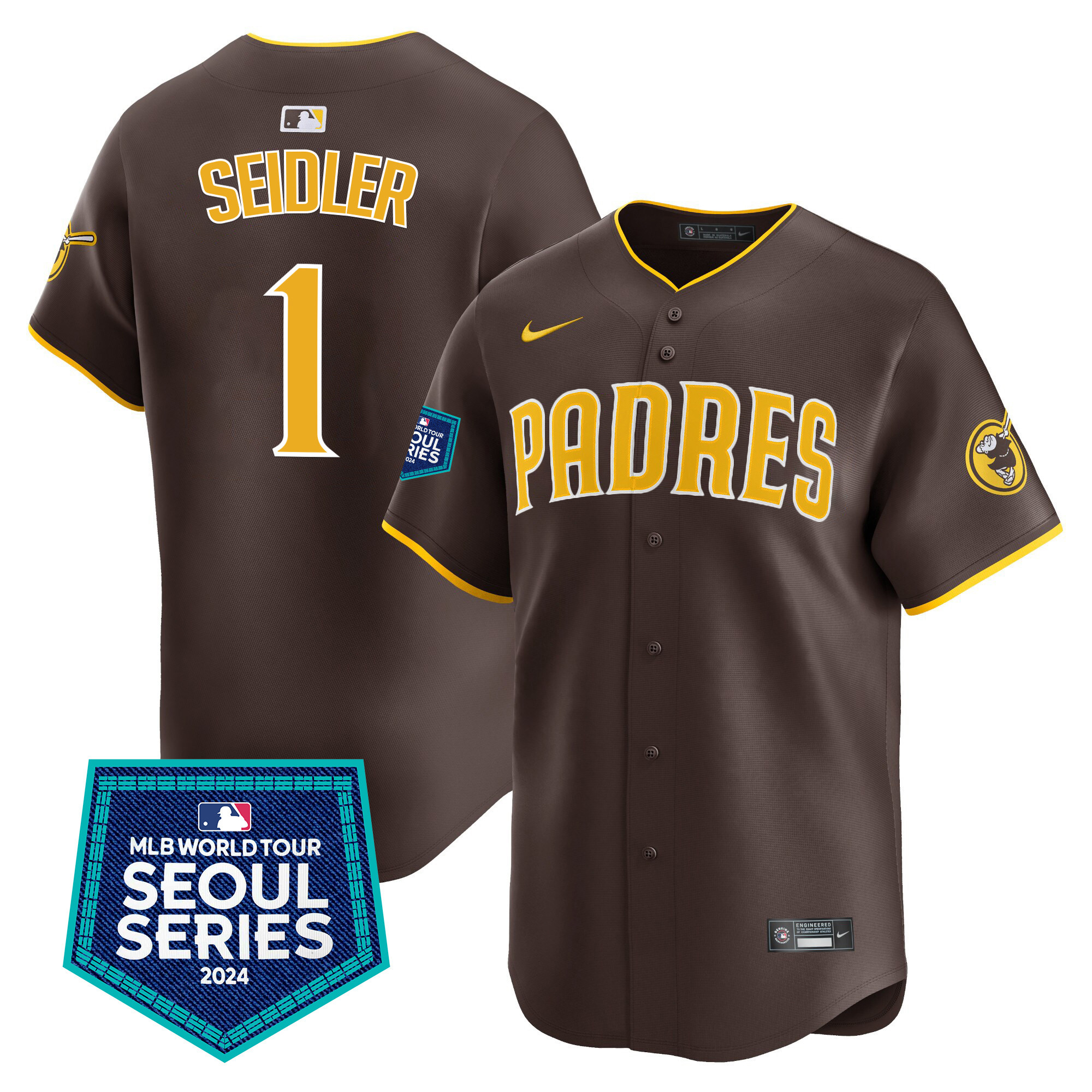 Peter Seidler Men's San Diego Padres 2024 World Tour Seoul Series Patch Vapor Premier Limited Brown Jersey - All Stitched