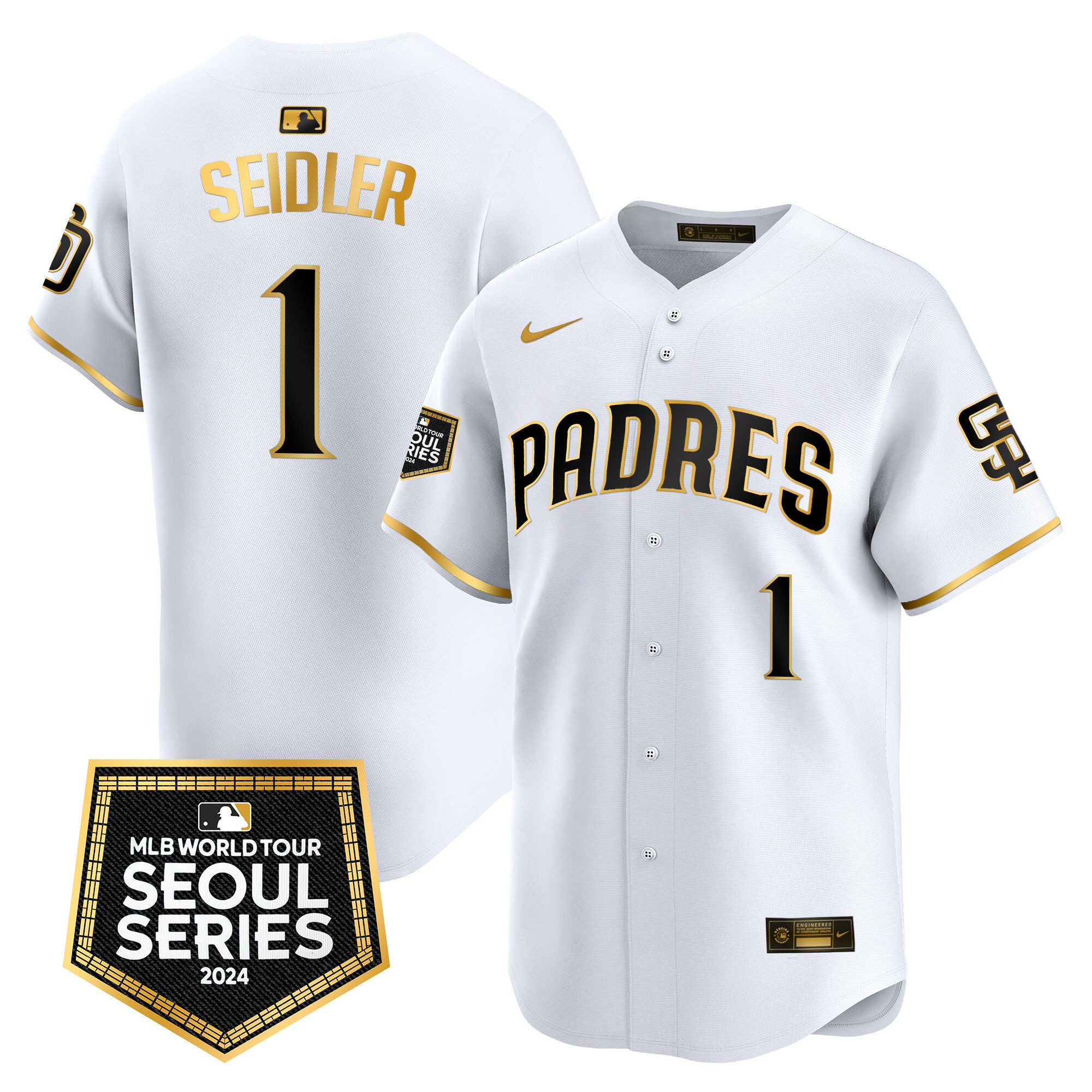 Peter Seidler Men's San Diego Padres 2024 World Tour Seoul Series Patch Vapor Premier Limited White Gold Jersey - All Stitched