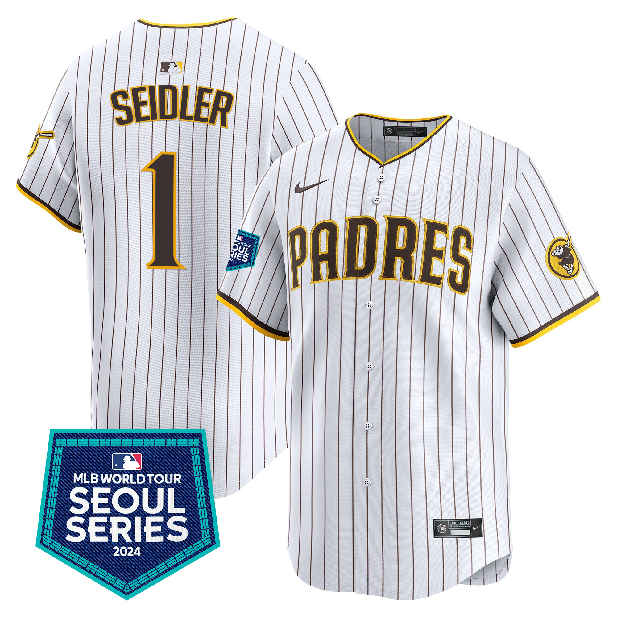 Peter Seidler Men's San Diego Padres 2024 World Tour Seoul Series Patch Vapor Premier Limited White Jersey - All Stitched