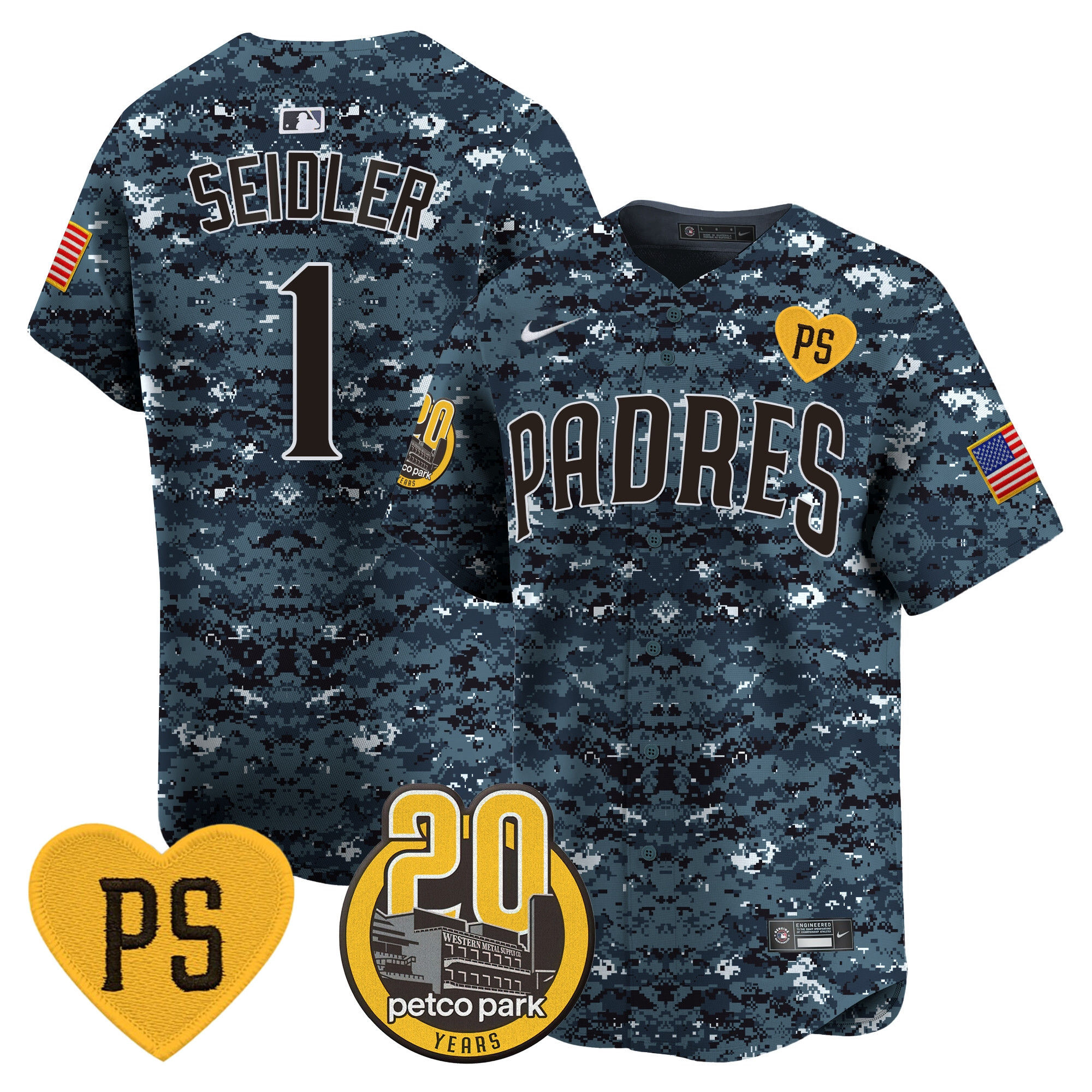 Peter Seidler Men's San Diego Padres "For Peter" & Petco Park 20th Patch USMC Vapor Premier Limited Navy Jersey - All Stitched