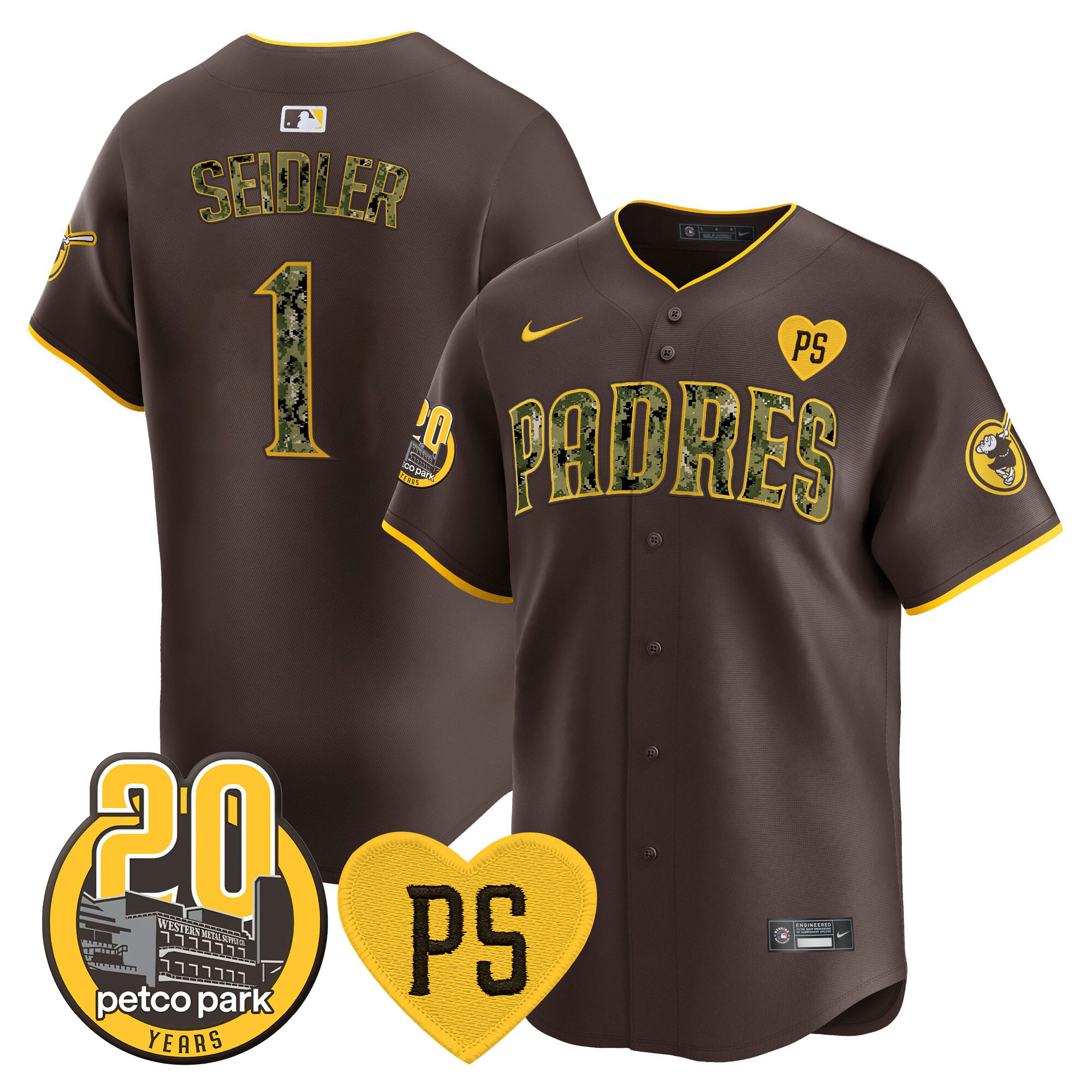 Peter Seidler Men's San Diego Padres "For Peter" & Petco Park 20th Patch USMC Vapor Premier Limited V2 Brown Jersey - All Stitched