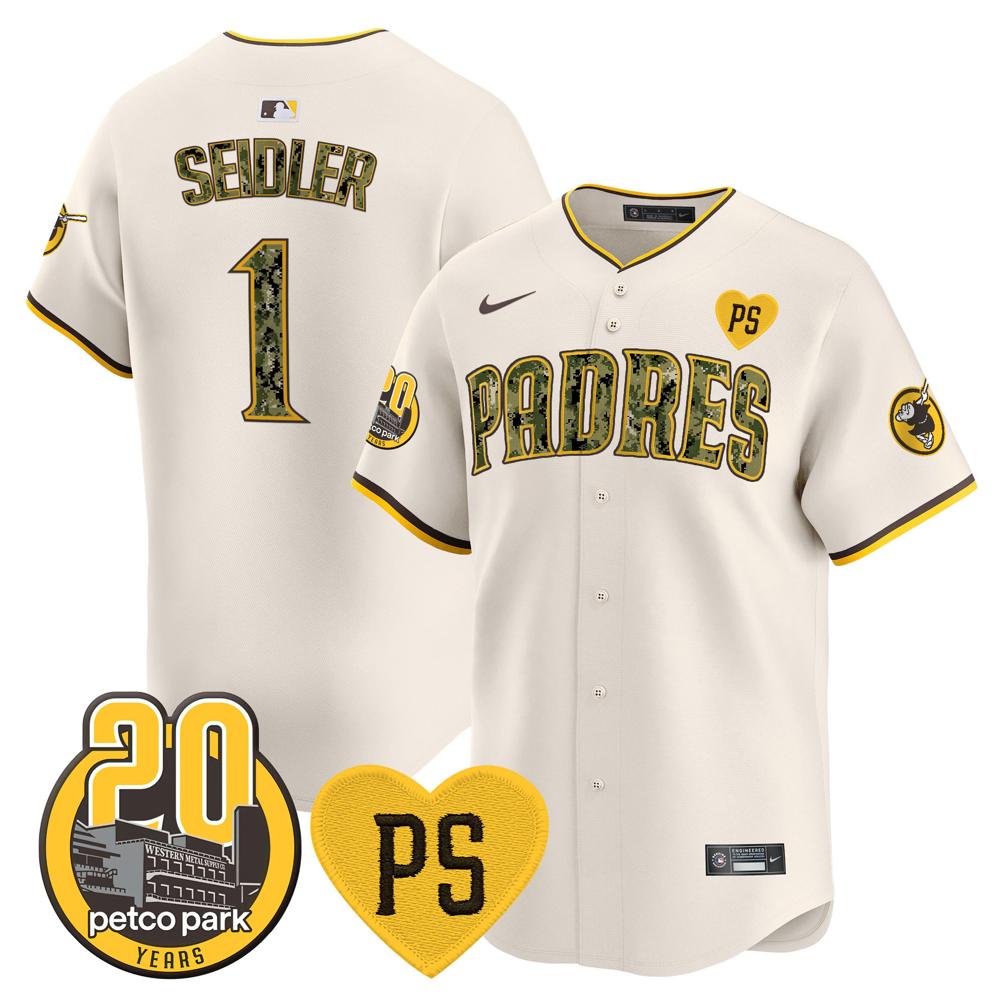 Peter Seidler Men's San Diego Padres "For Peter" & Petco Park 20th Patch USMC Vapor Premier Limited V2 Cream Jersey - All Stitched