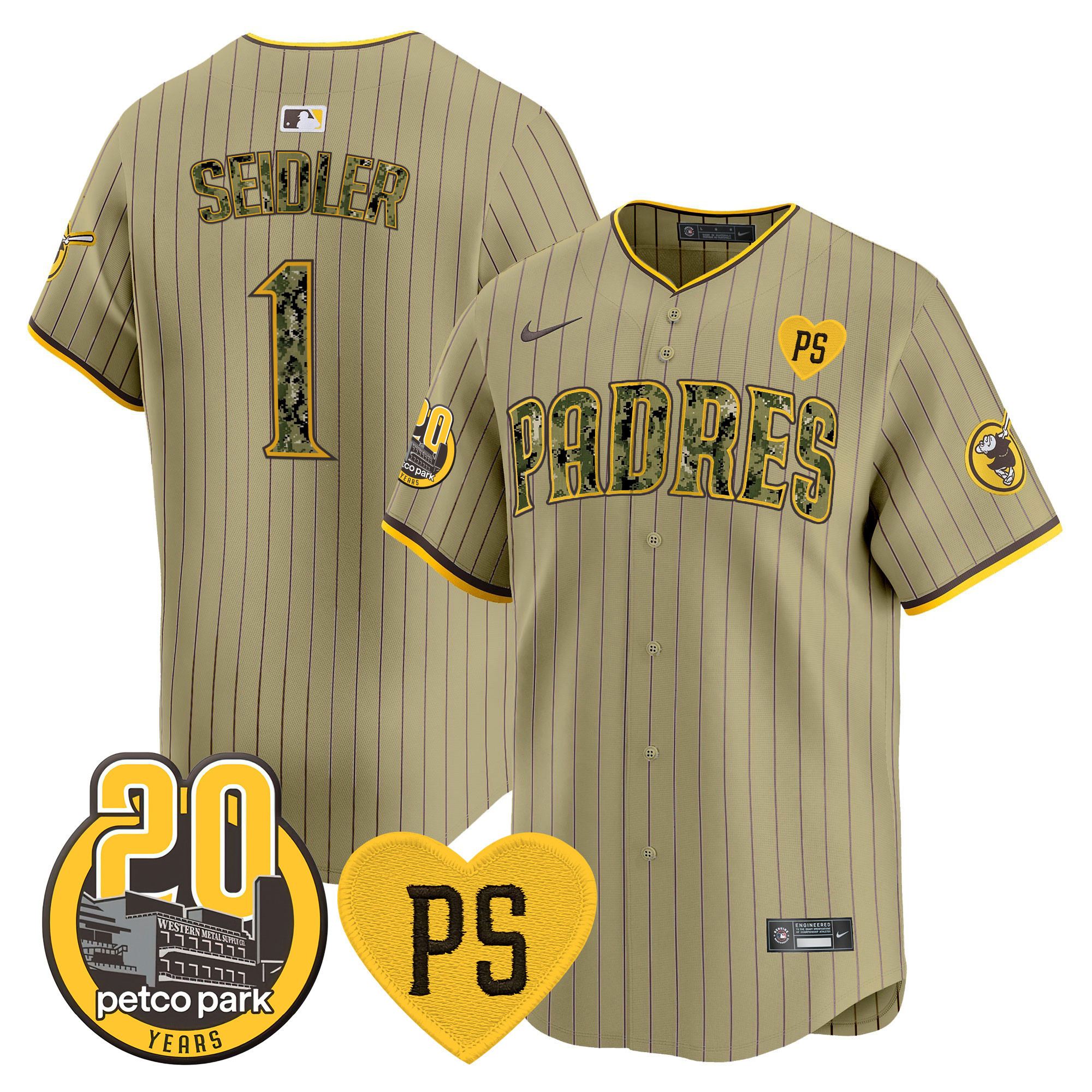 Peter Seidler Men's San Diego Padres "For Peter" & Petco Park 20th Patch USMC Vapor Premier Limited V2 Tan Jersey - All Stitched