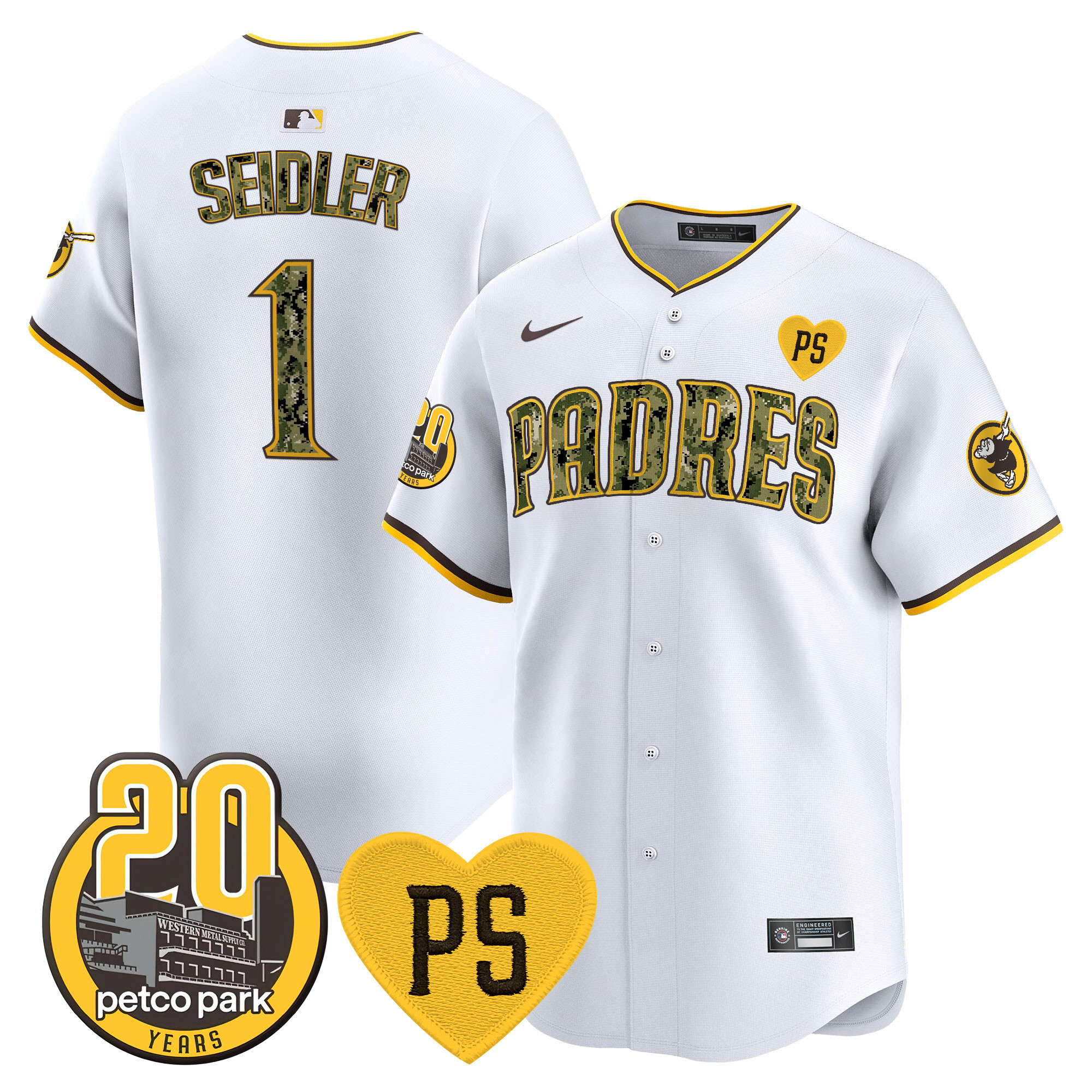Peter Seidler Men's San Diego Padres "For Peter" & Petco Park 20th Patch USMC Vapor Premier Limited V2 White Jersey - All Stitched