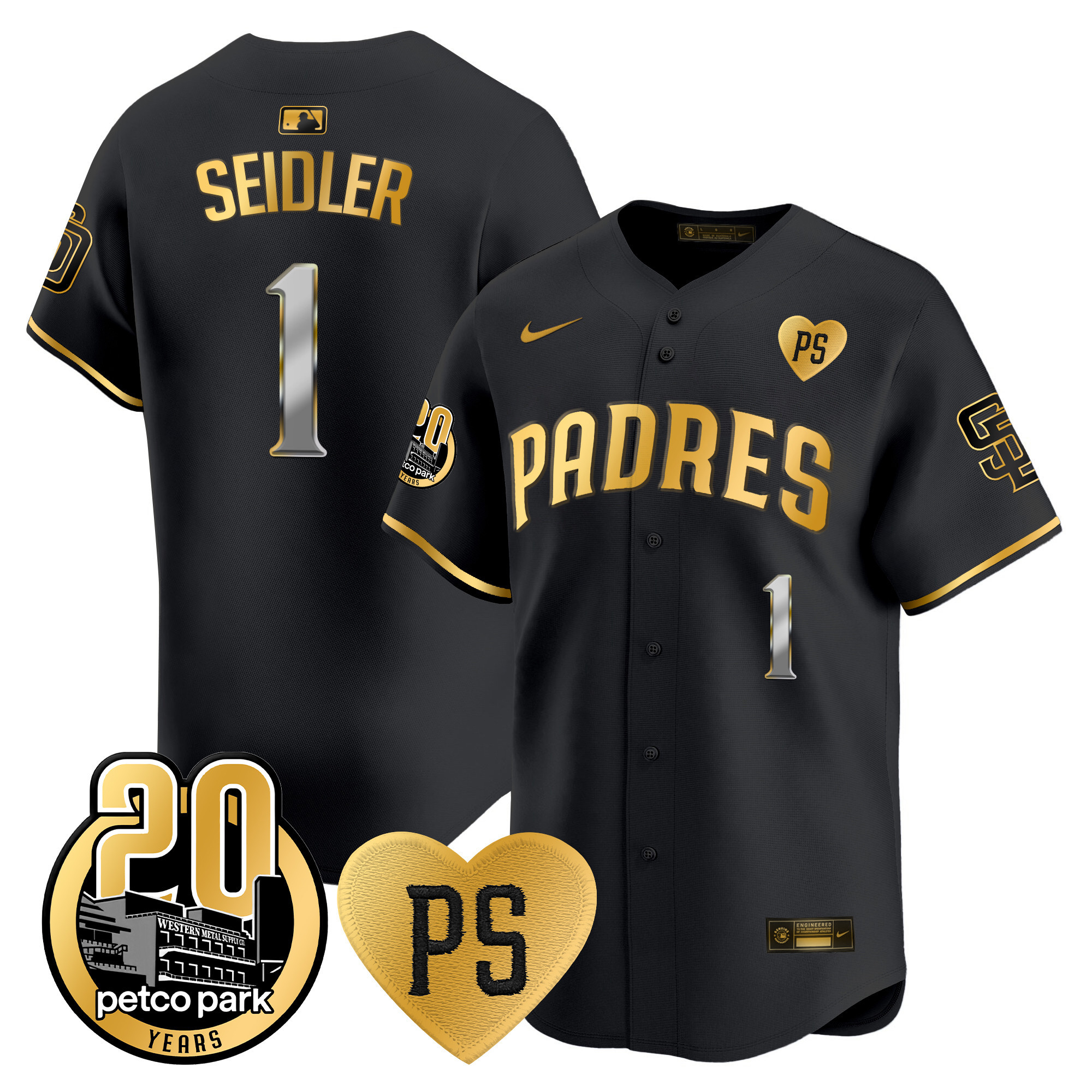 Peter Seidler Men's San Diego Padres "For Peter" & Petco Park 20th Patch Vapor Premier Limited Black Gold Jersey - All Stitched