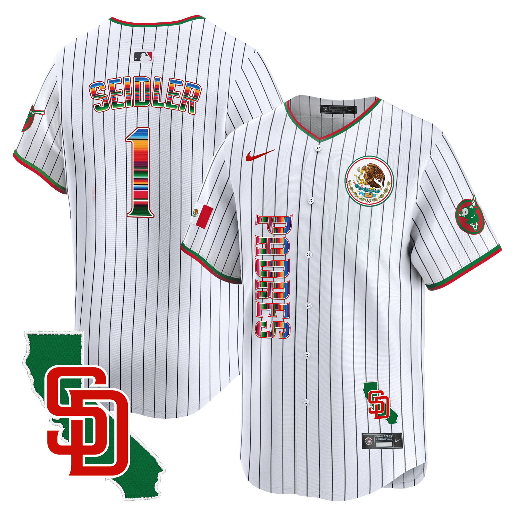 Peter Seidler Men's San Diego Padres Mexico California Patch Vapor Premier Limited V2 Pinstripe Jersey - All Stitched