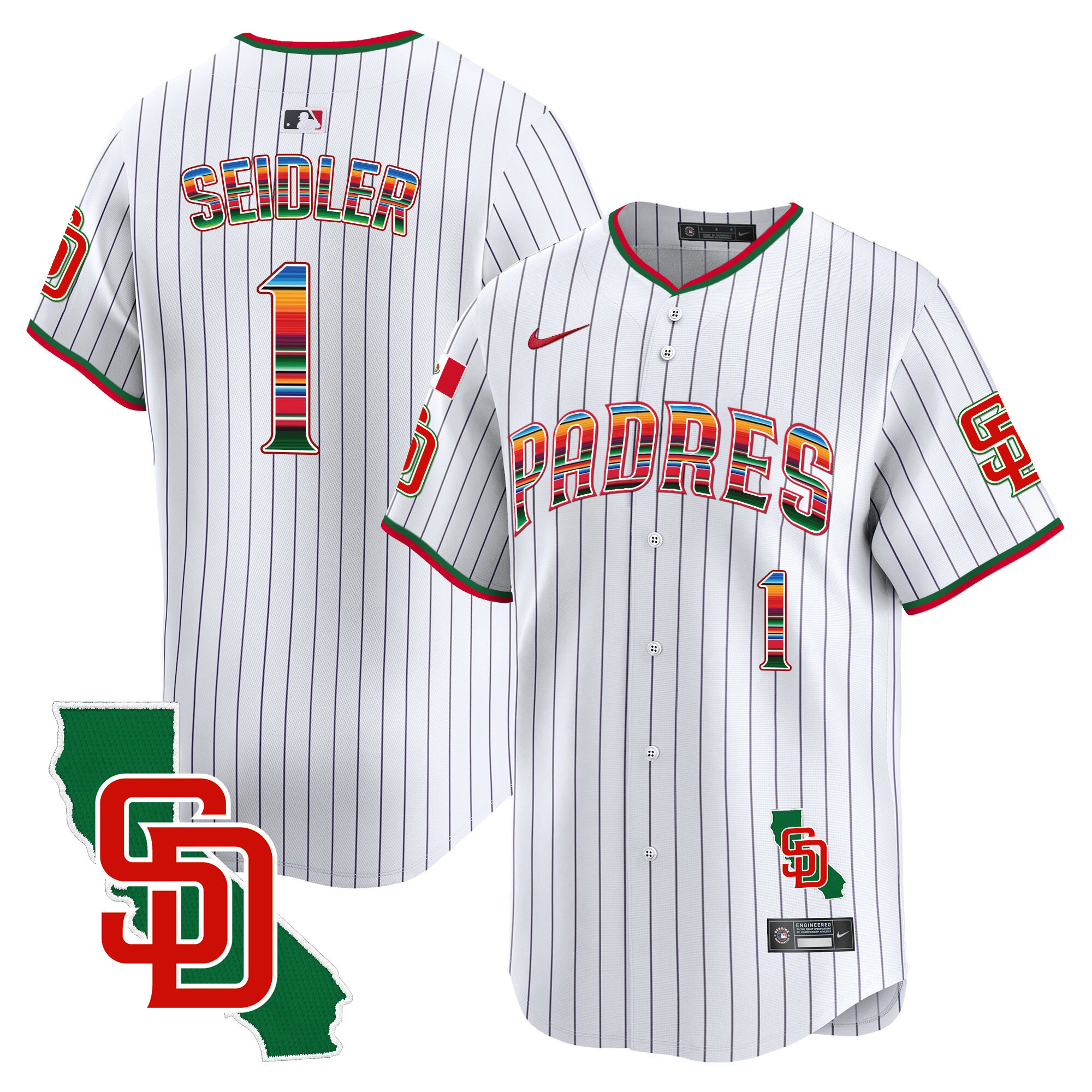 Peter Seidler Men's San Diego Padres Mexico California Patch Vapor Premier Limited V3 Pinstripe Jersey - All Stitched