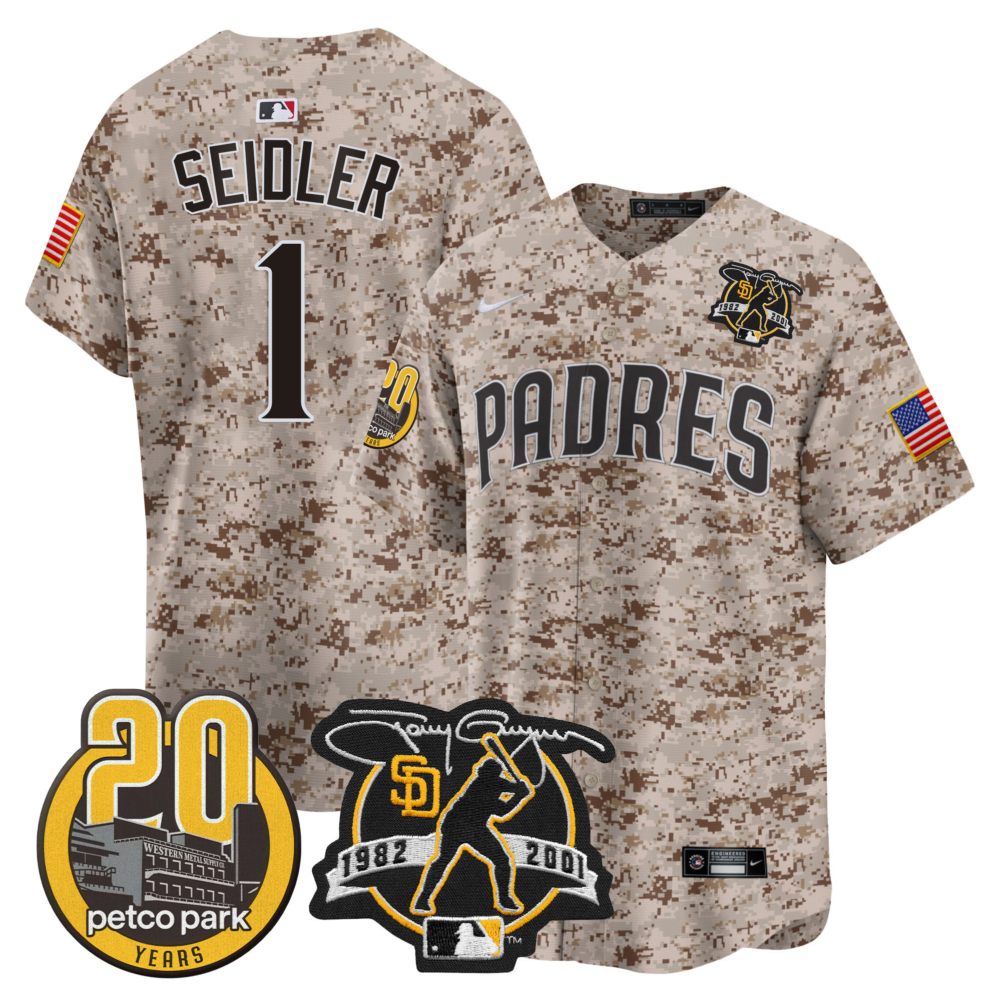 Peter Seidler Men's San Diego Padres Tony Gwynn & Petco Park 20th Patch USMC Vapor Premier Limited Desert Jersey - All Stitched