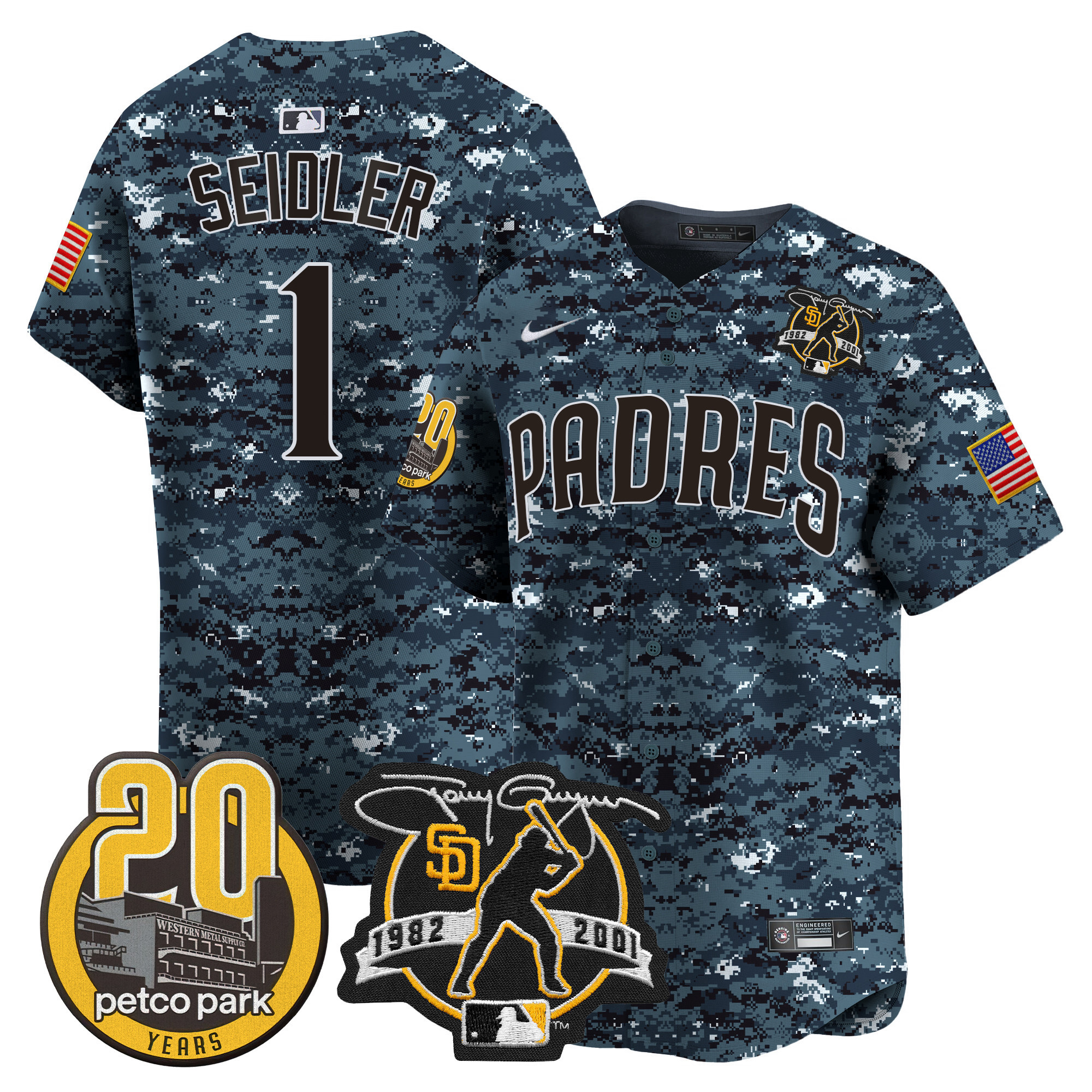 Peter Seidler Men's San Diego Padres Tony Gwynn & Petco Park 20th Patch USMC Vapor Premier Limited Navy Jersey - All Stitched