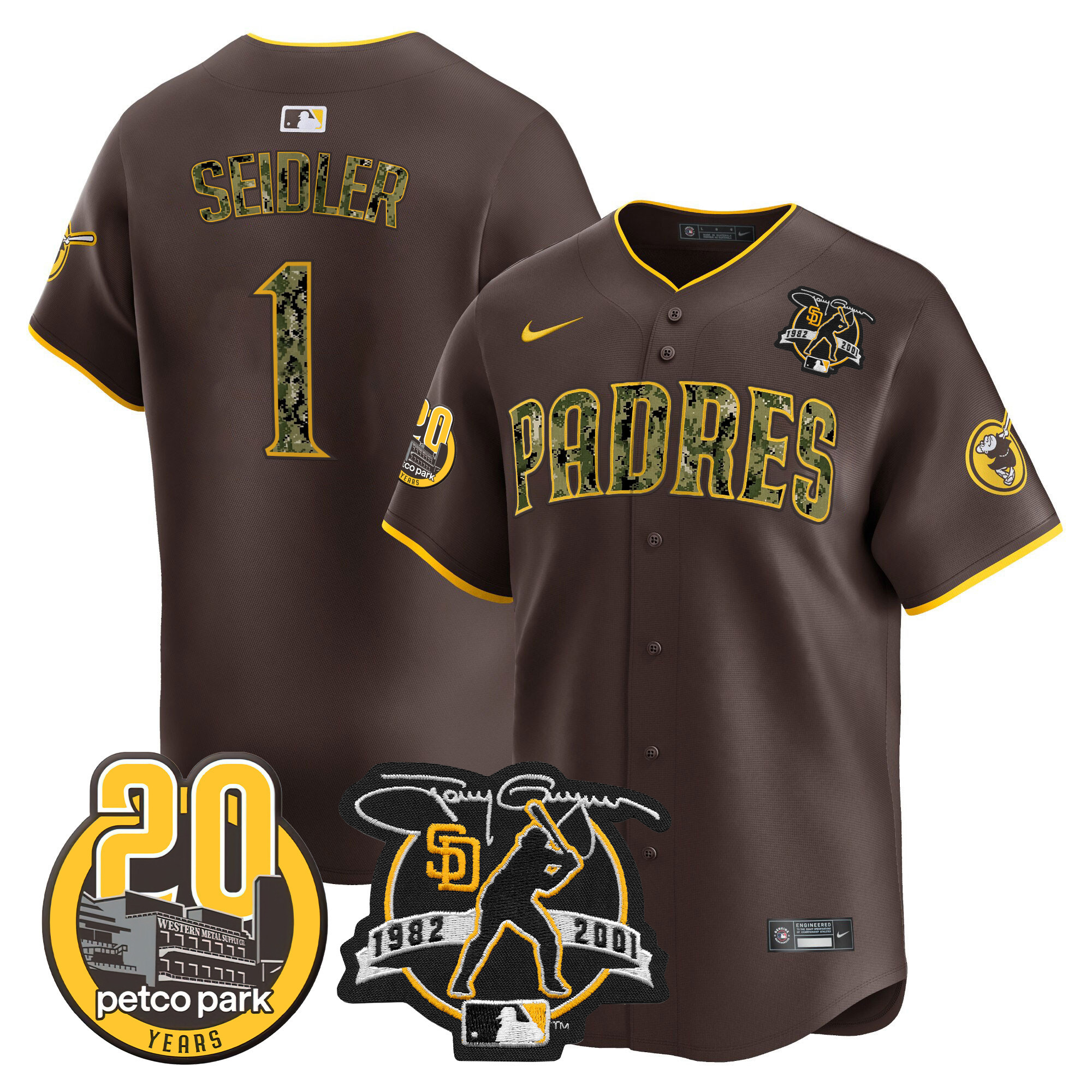 Peter Seidler Men's San Diego Padres Tony Gwynn & Petco Park 20th Patch USMC Vapor Premier Limited V2 Brown Jersey - All Stitched