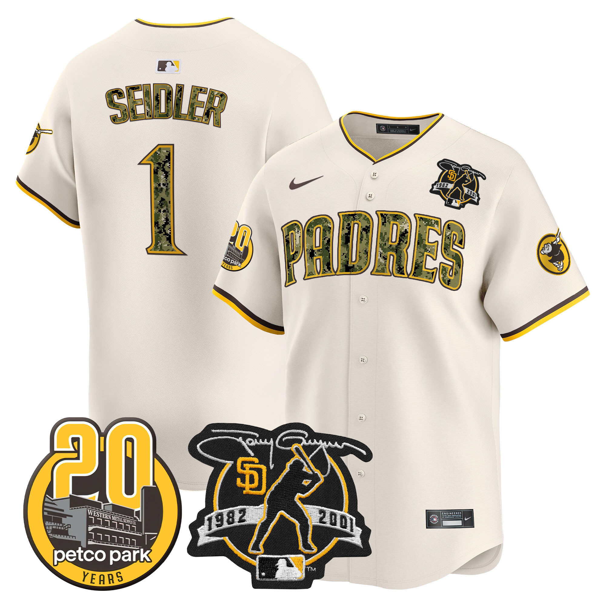 Peter Seidler Men's San Diego Padres Tony Gwynn & Petco Park 20th Patch USMC Vapor Premier Limited V2 Cream Jersey - All Stitched