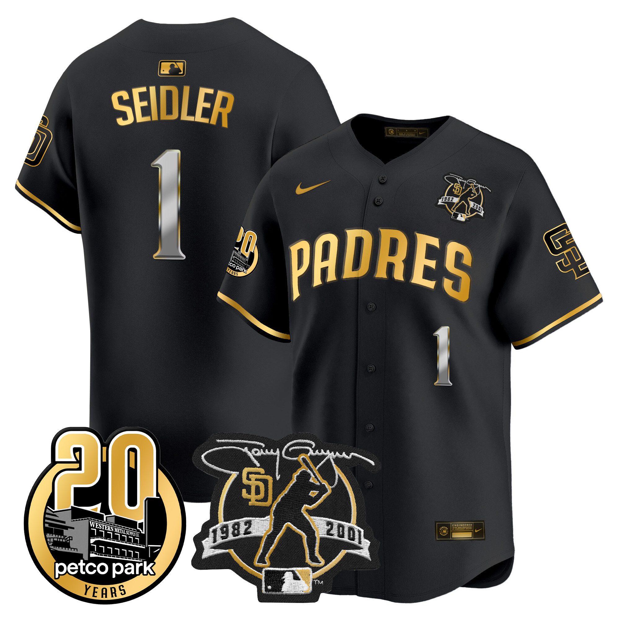 Peter Seidler Men's San Diego Padres Tony Gwynn & Petco Park 20th Patch Vapor Premier Limited Black Gold Jersey - All Stitched