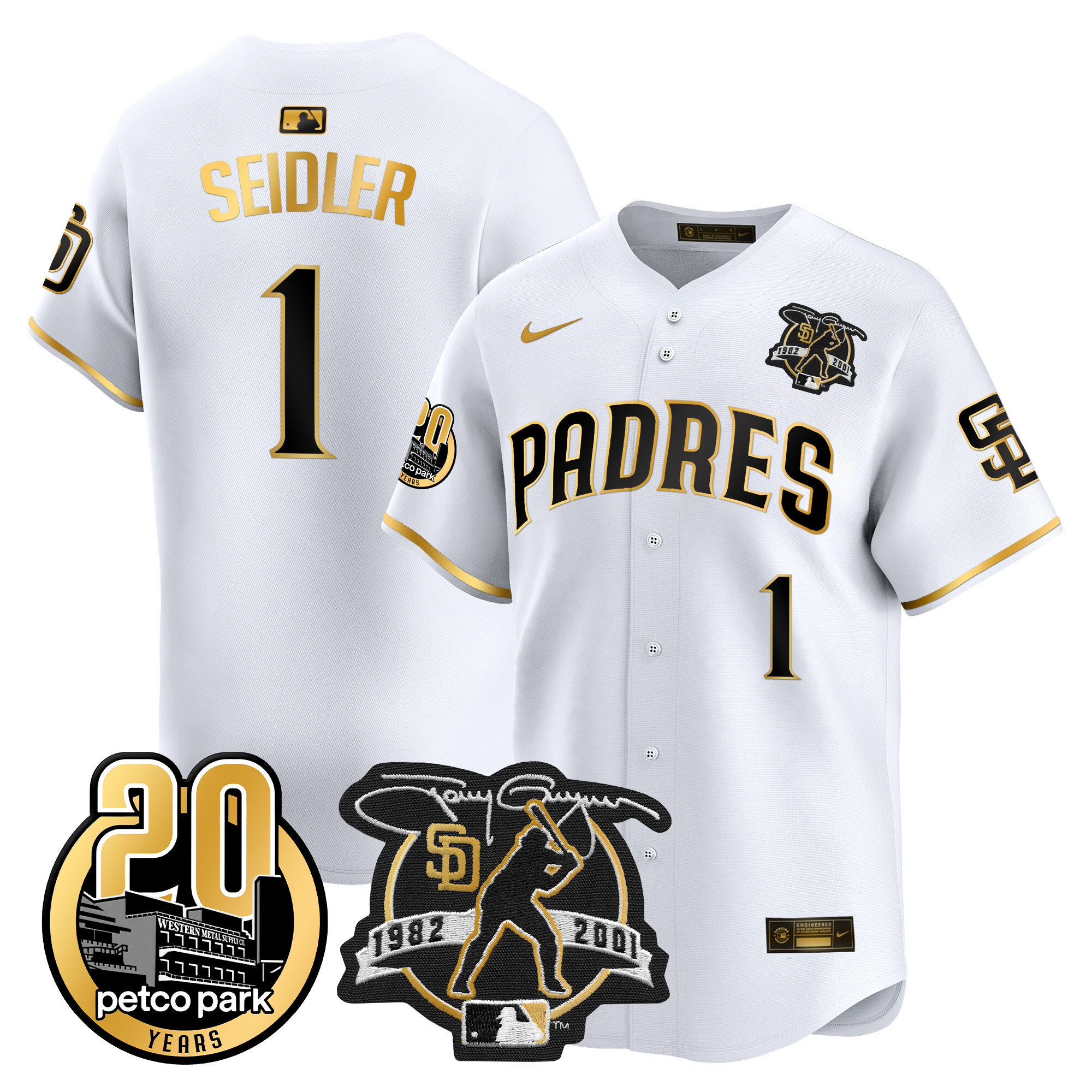 Peter Seidler Men's San Diego Padres Tony Gwynn & Petco Park 20th Patch Vapor Premier Limited White Gold Jersey - All Stitched