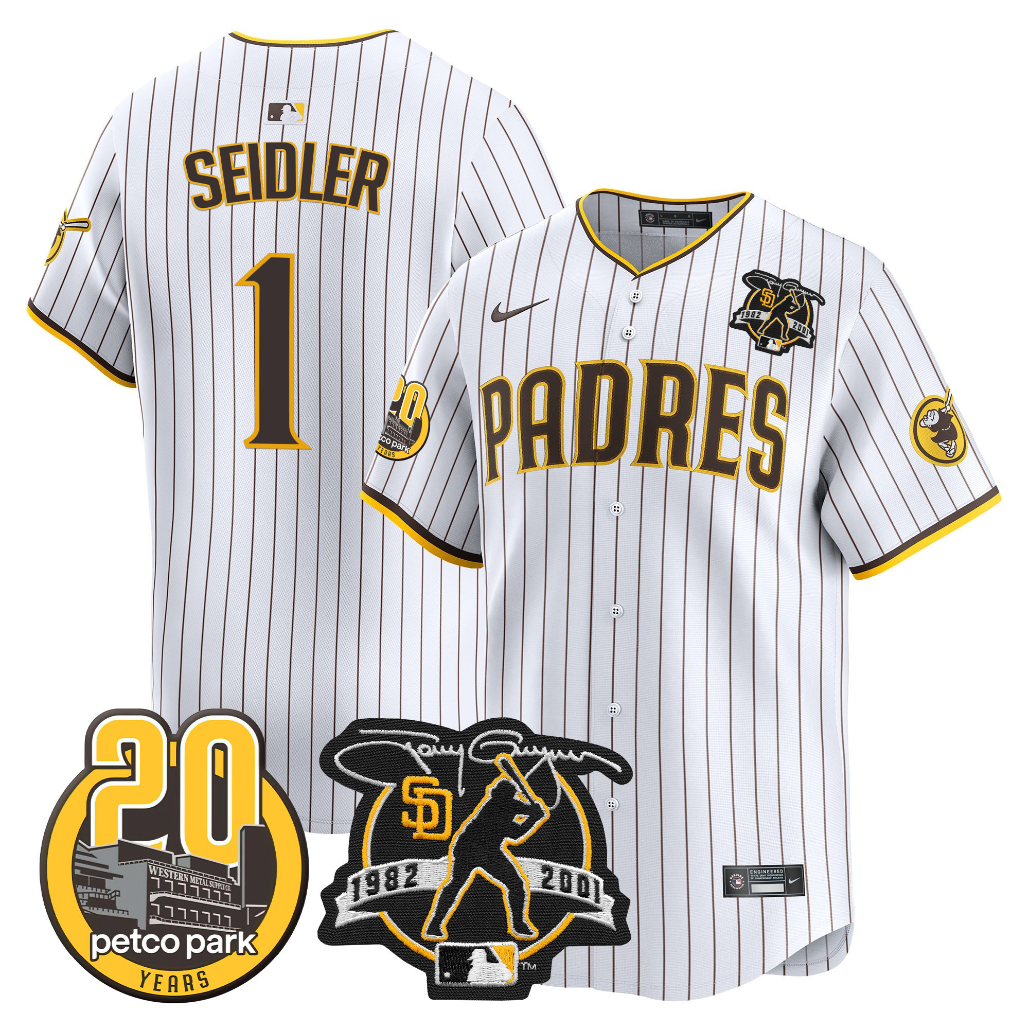 Peter Seidler Men's San Diego Padres Tony Gwynn & Petco Park 20th Patch Vapor Premier Limited White Jersey - All Stitched