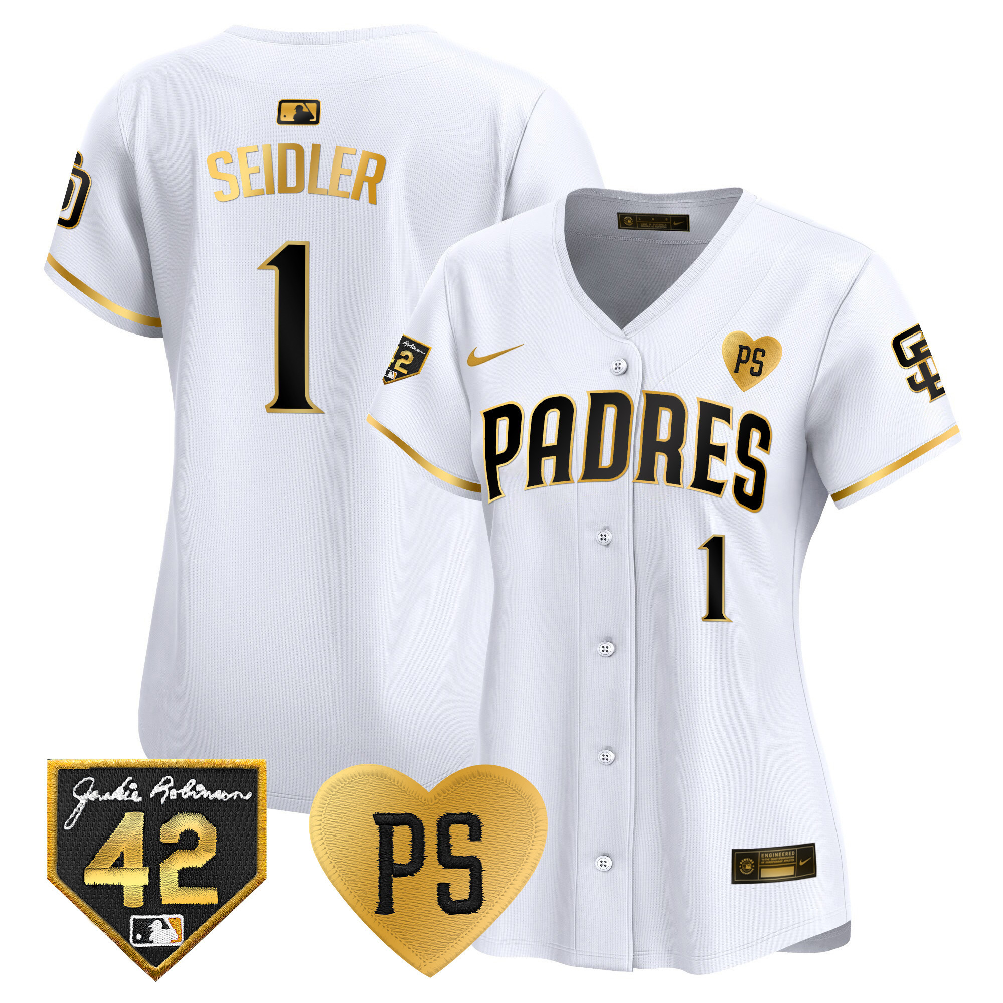 Peter Seidler Women's San Diego Padres 2024 "For Peter" & Robinson Patch Vapor Premier Limited White Gold Jersey - All Stitched