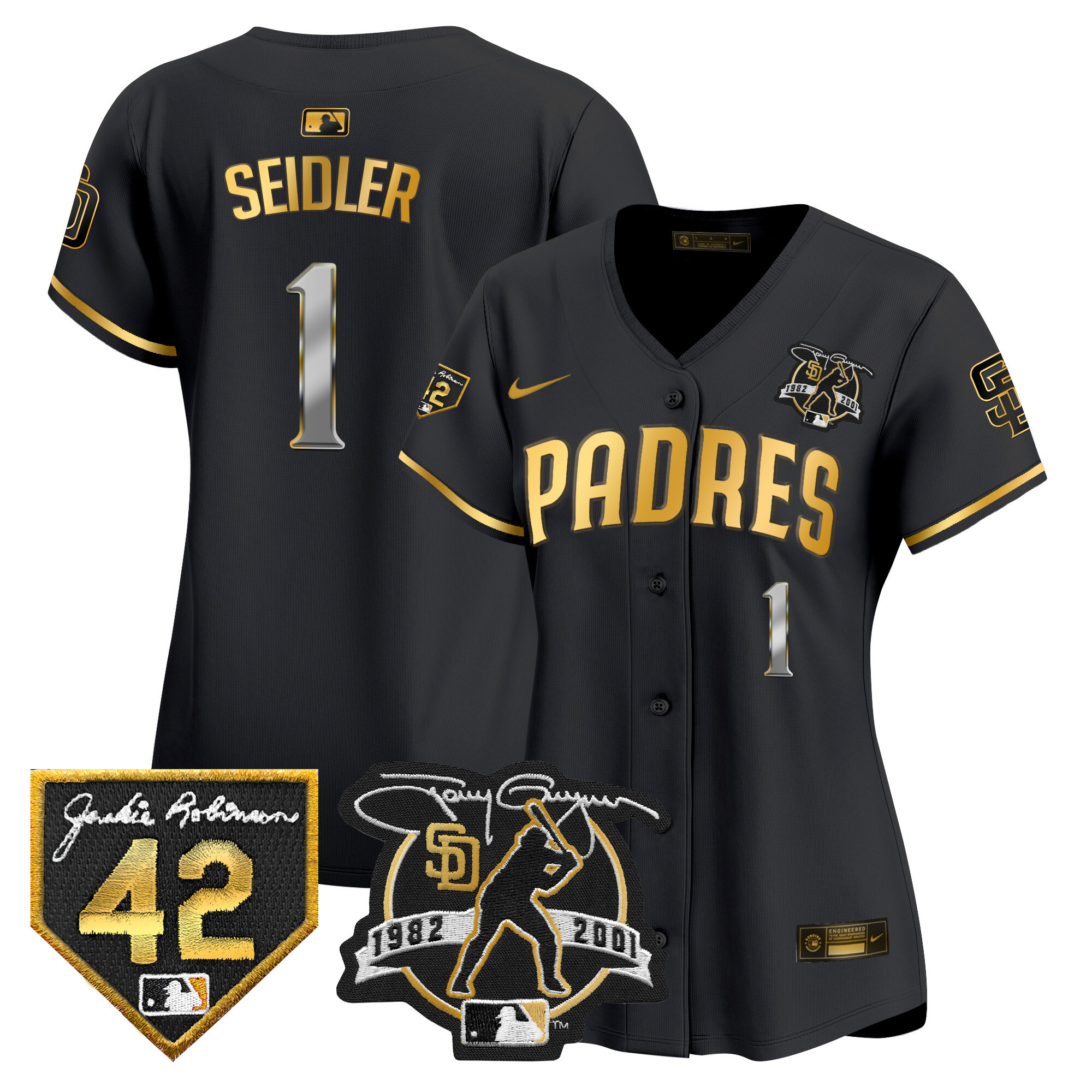 Peter Seidler Women's San Diego Padres 2024 Tony Gwynn & Robinson Patch Vapor Premier Limited Black Gold Jersey - All Stitched
