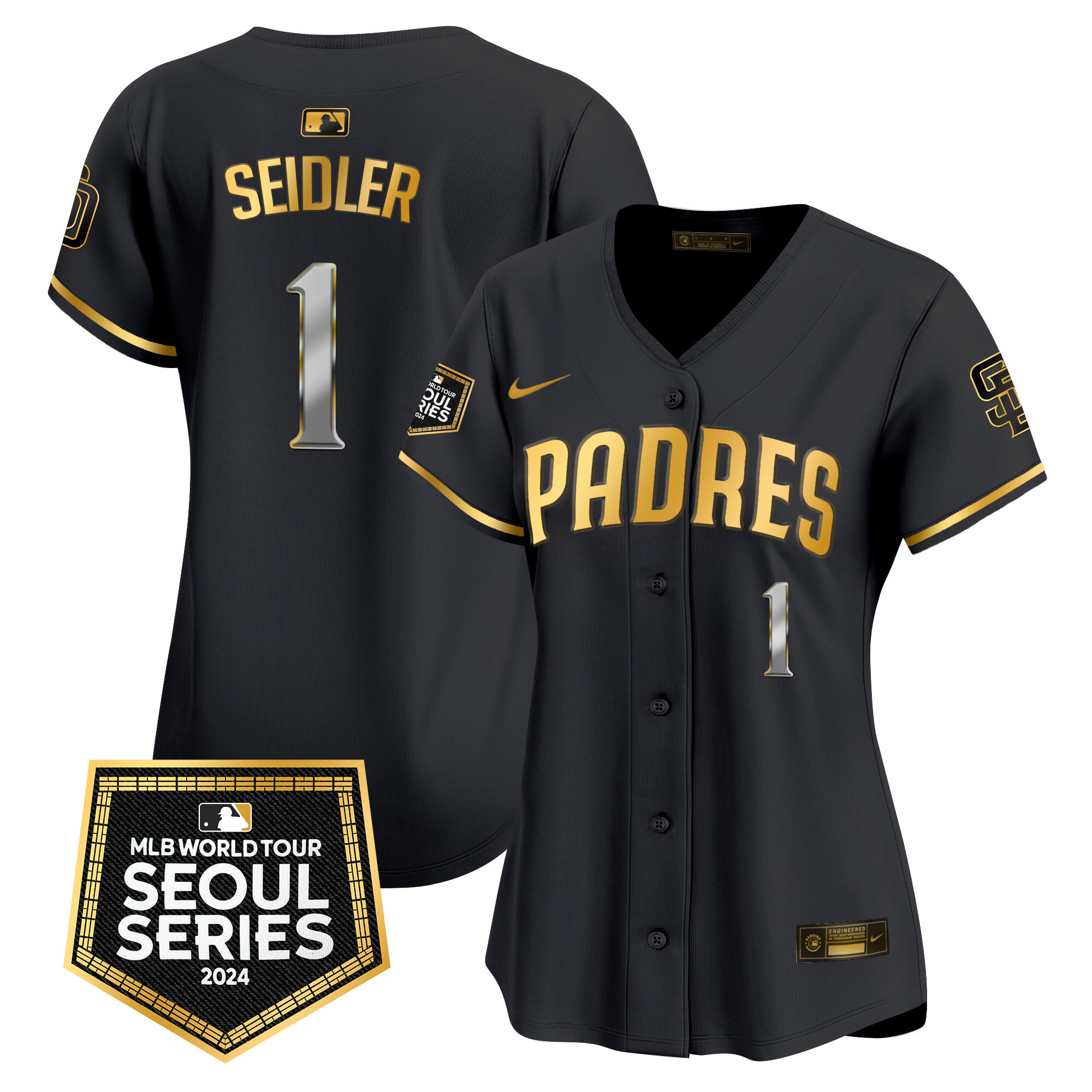 Peter Seidler Women's San Diego Padres 2024 World Tour Seoul Series Patch Vapor Premier Limited Black Gold Jersey - All Stitched