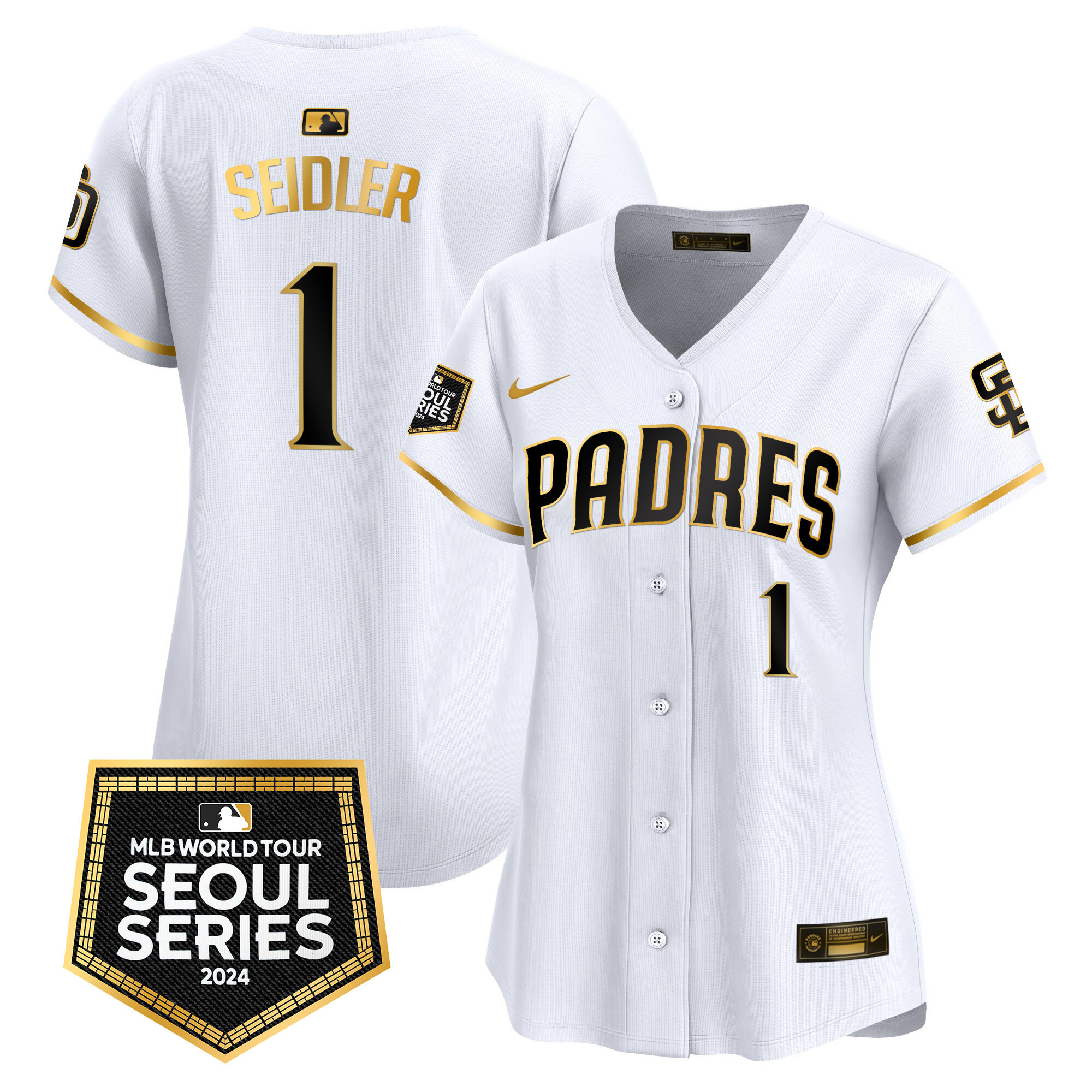 Peter Seidler Women's San Diego Padres 2024 World Tour Seoul Series Patch Vapor Premier Limited White Gold Jersey - All Stitched