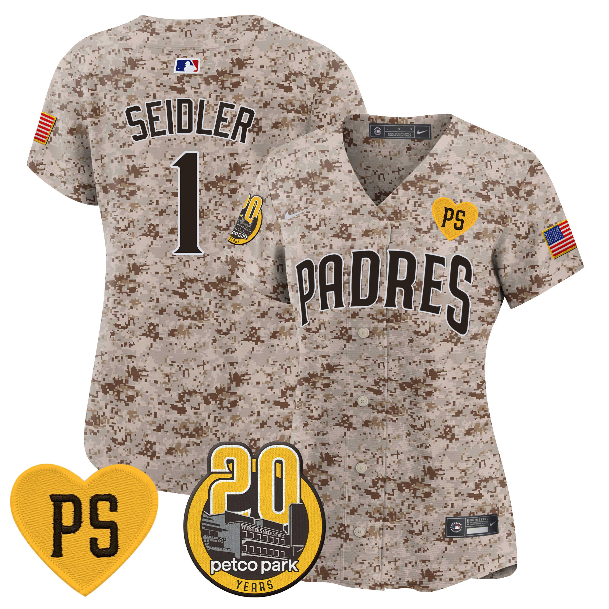 Peter Seidler Women's San Diego Padres "For Peter" & Petco Park 20th Patch USMC Vapor Premier Limited Desert Jersey - All Stitched