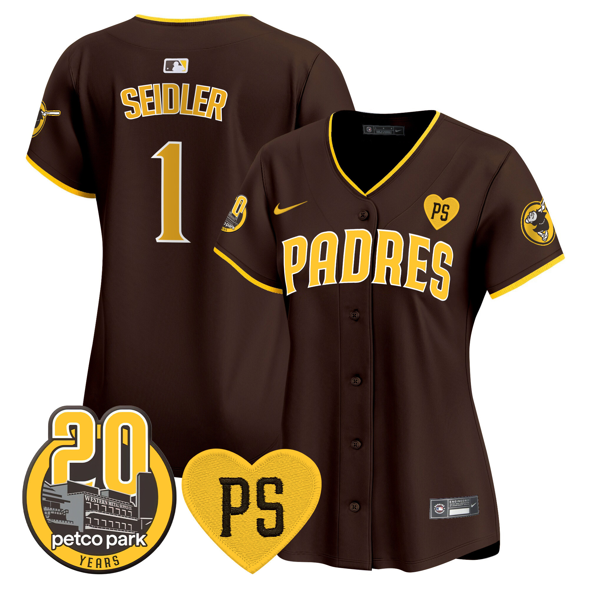 Peter Seidler Women's San Diego Padres "For Peter" & Petco Park 20th Patch Vapor Premier Limited Brown Jersey - All Stitched