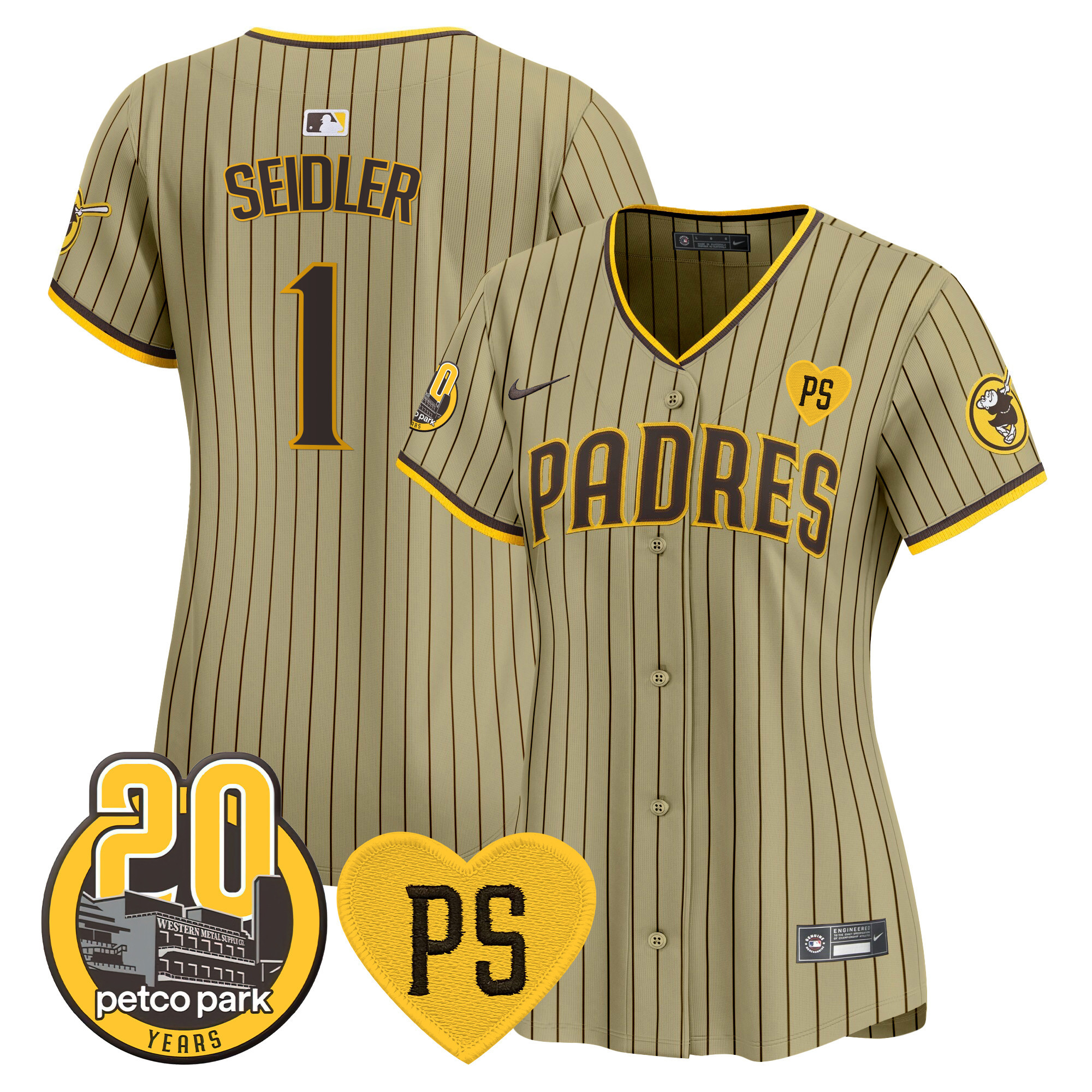 Peter Seidler Women's San Diego Padres "For Peter" & Petco Park 20th Patch Vapor Premier Limited Tan Jersey - All Stitched