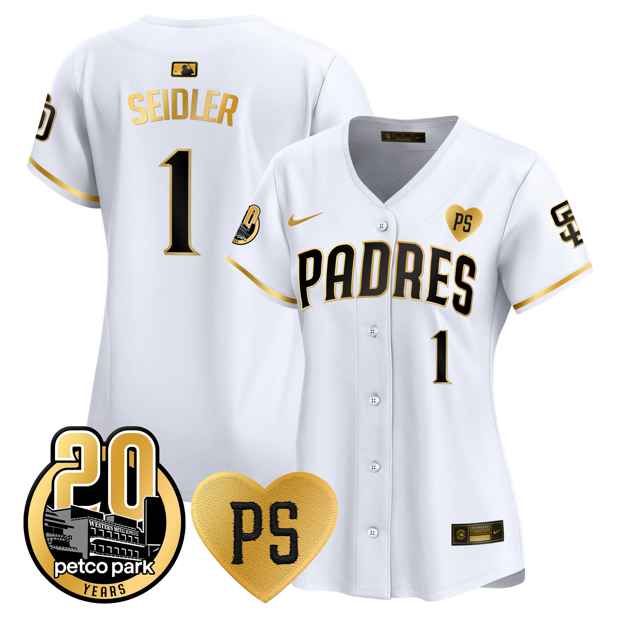 Peter Seidler Women's San Diego Padres "For Peter" & Petco Park 20th Patch Vapor Premier Limited White Gold Jersey - All Stitched