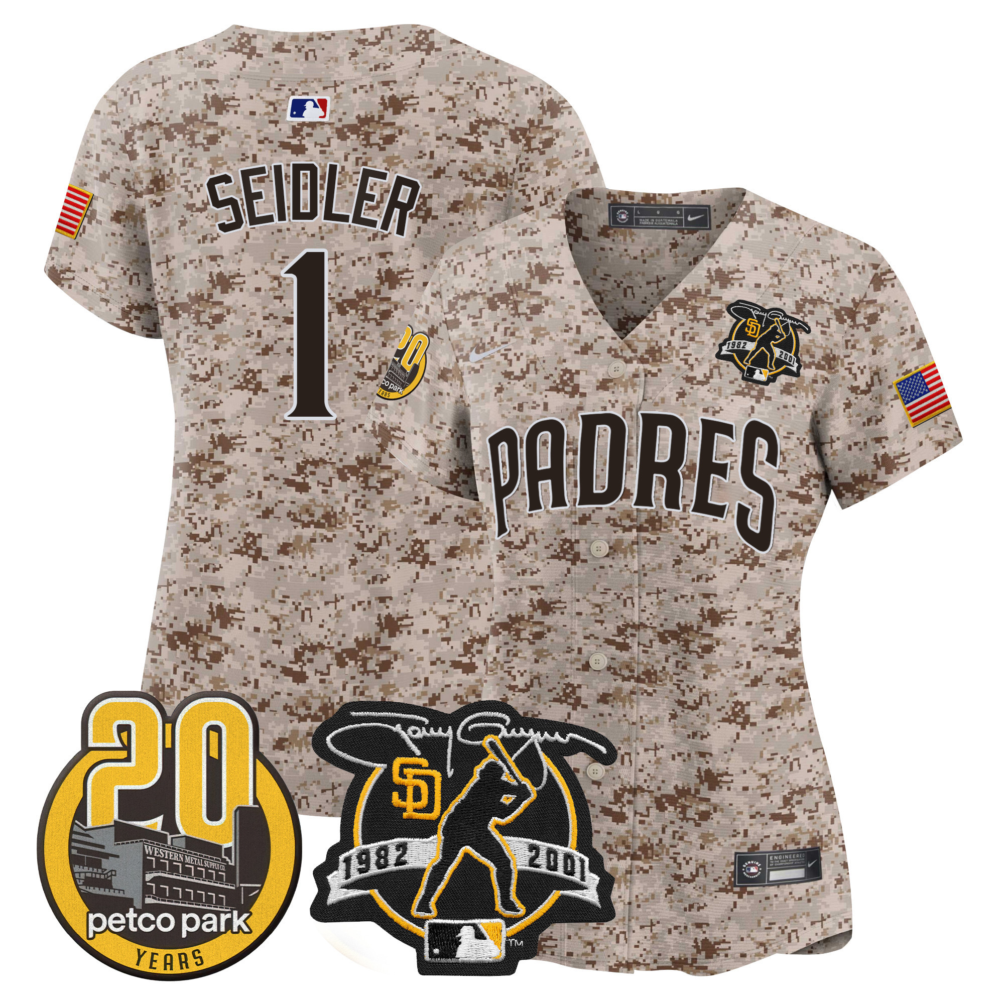 Peter Seidler Women's San Diego Padres Tony Gwynn & Petco Park 20th Patch USMC Vapor Premier Limited Desert Jersey - All Stitched