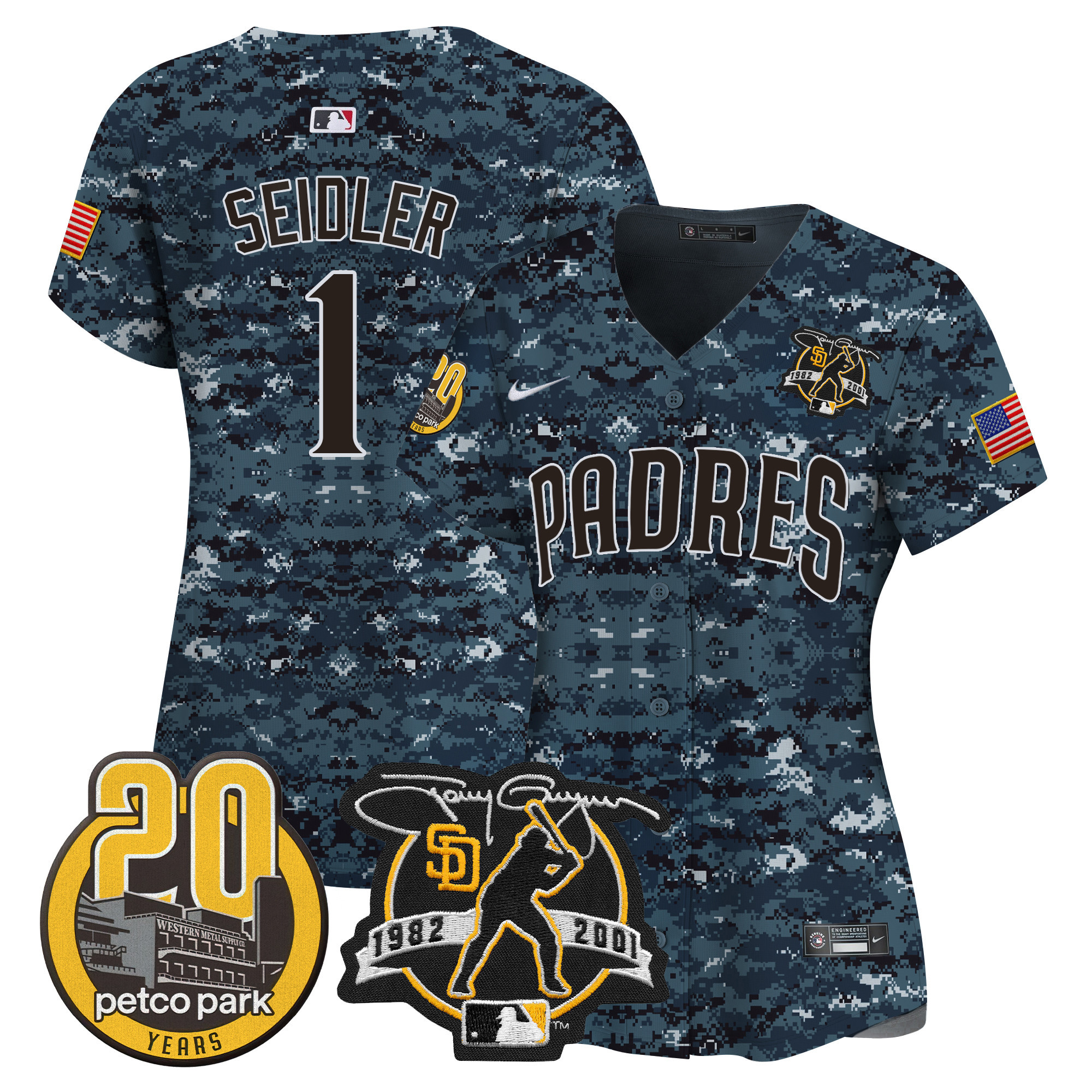 Peter Seidler Women's San Diego Padres Tony Gwynn & Petco Park 20th Patch USMC Vapor Premier Limited Navy Jersey - All Stitched