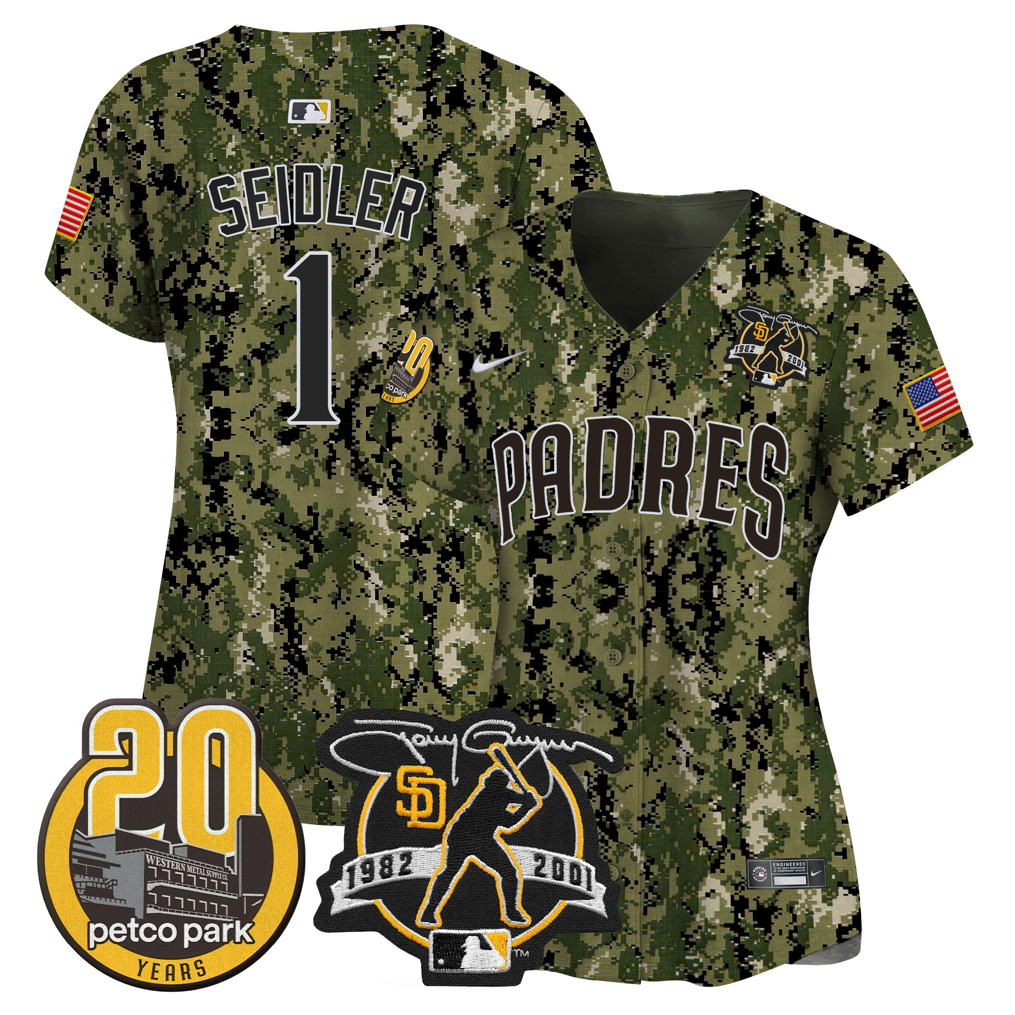 Peter Seidler Women's San Diego Padres Tony Gwynn & Petco Park 20th Patch USMC Vapor Premier Limited Woodland Jersey - All Stitched