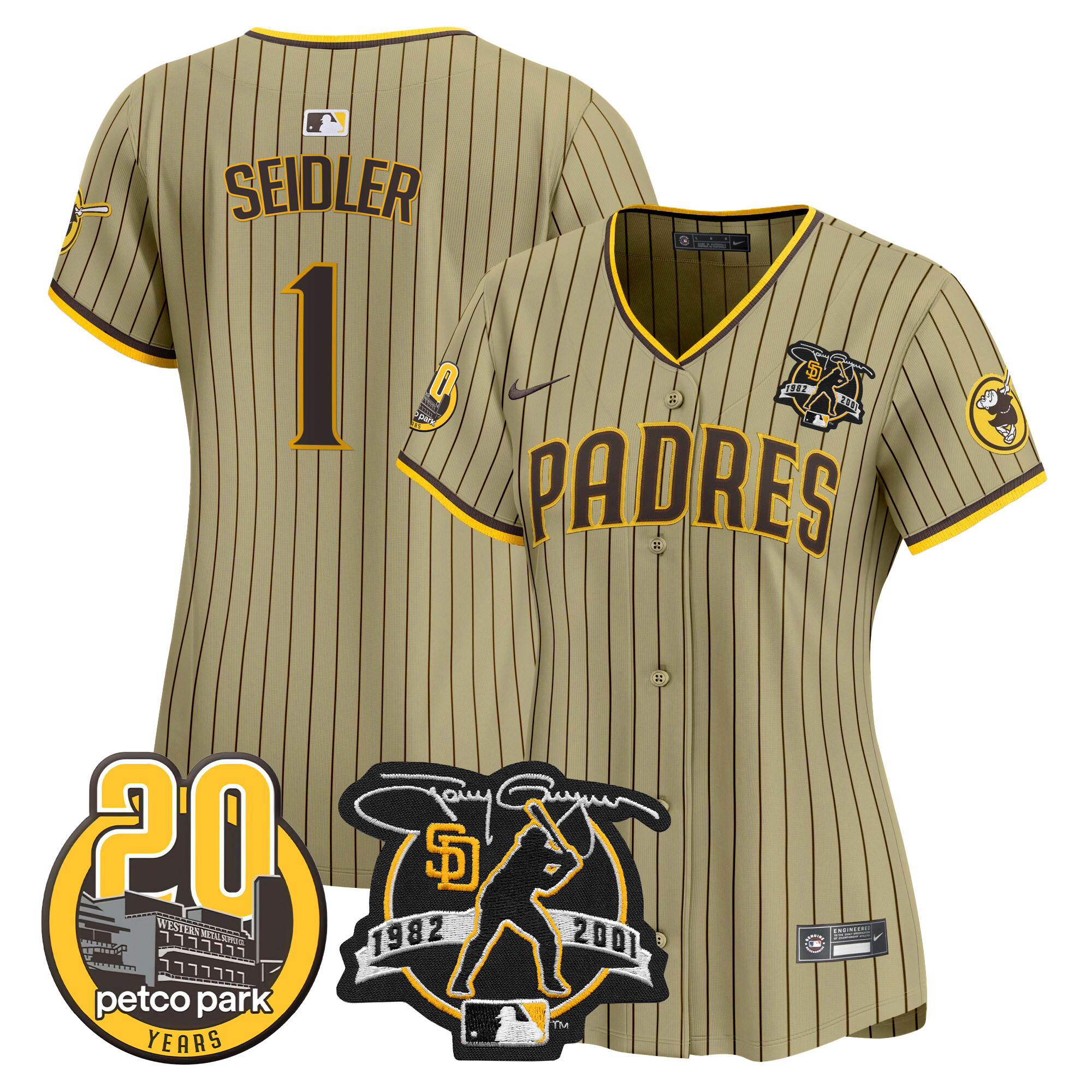 Peter Seidler Women's San Diego Padres Tony Gwynn & Petco Park 20th Patch Vapor Premier Limited Tan Jersey - All Stitched