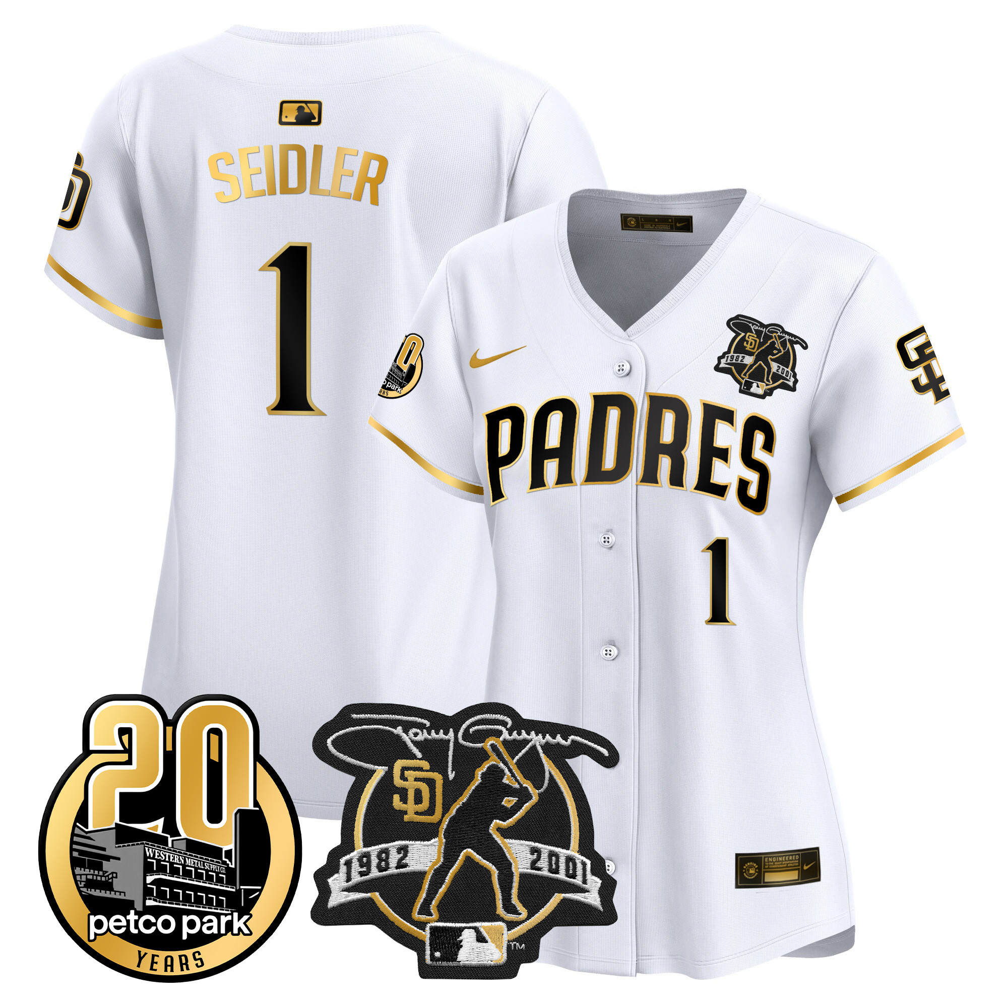 Peter Seidler Women's San Diego Padres Tony Gwynn & Petco Park 20th Patch Vapor Premier Limited White Gold Jersey - All Stitched