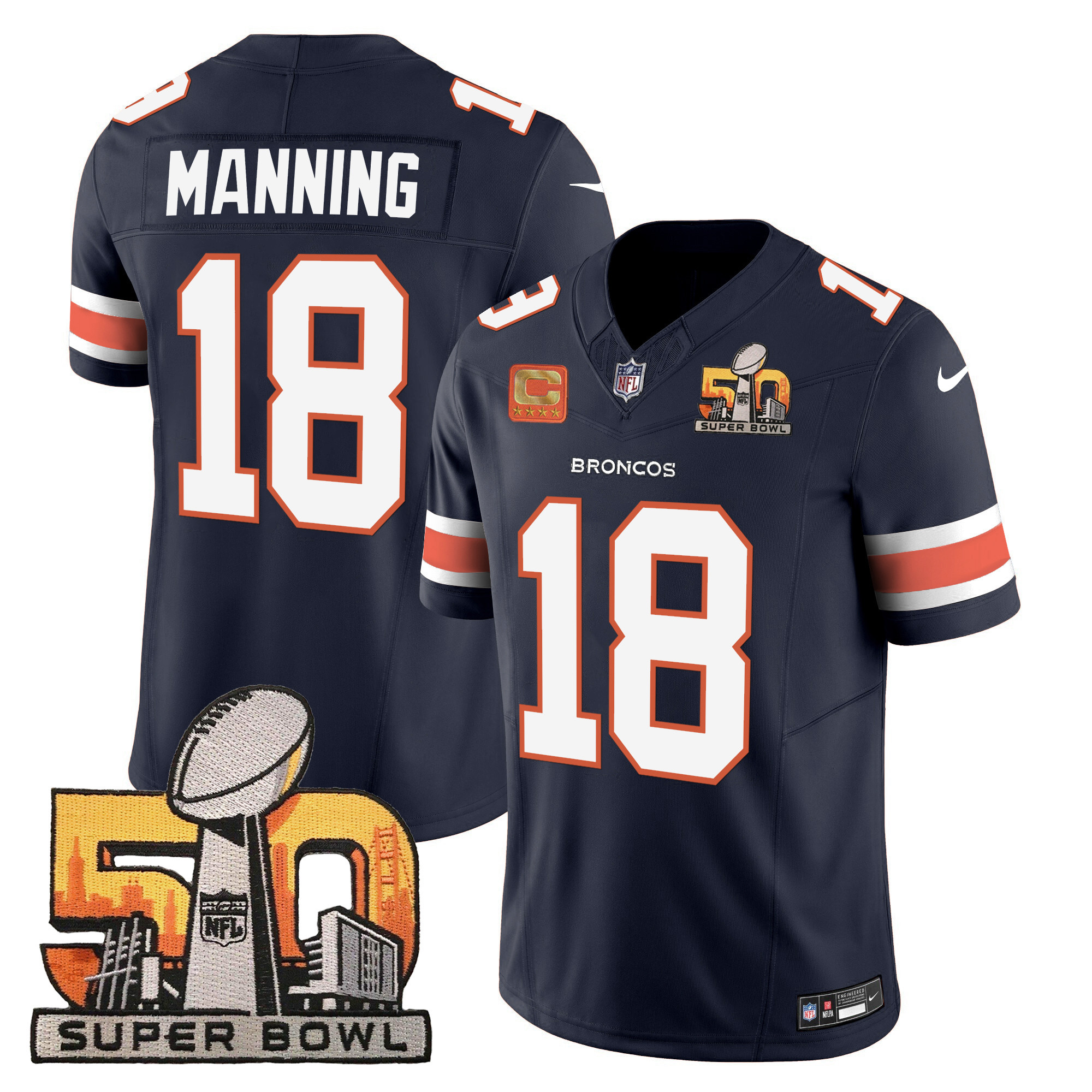 Peyton Manning Men's Denver Broncos Super Bowl 50 Patch Vapor Navy Jersey - All Stitched 