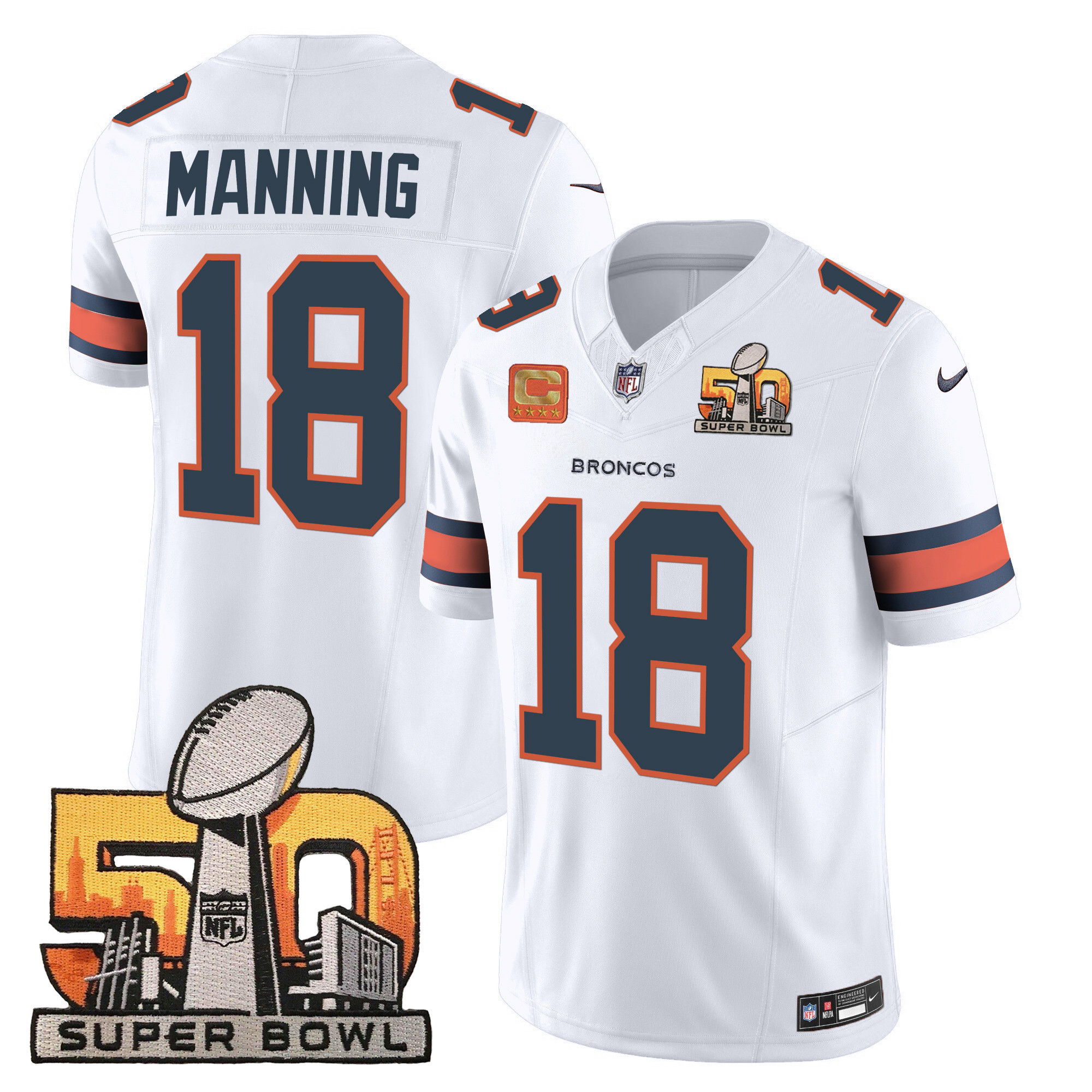 Peyton Manning Men's Denver Broncos Super Bowl 50 Patch Vapor White Jersey - All Stitched 