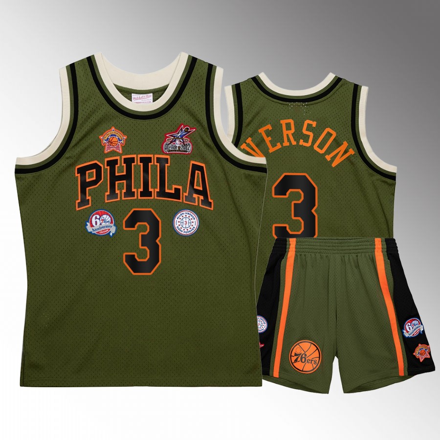 Philadelphia 76ers Allen Iverson Green Military Flight patchs Men Jersey Shorts Set
