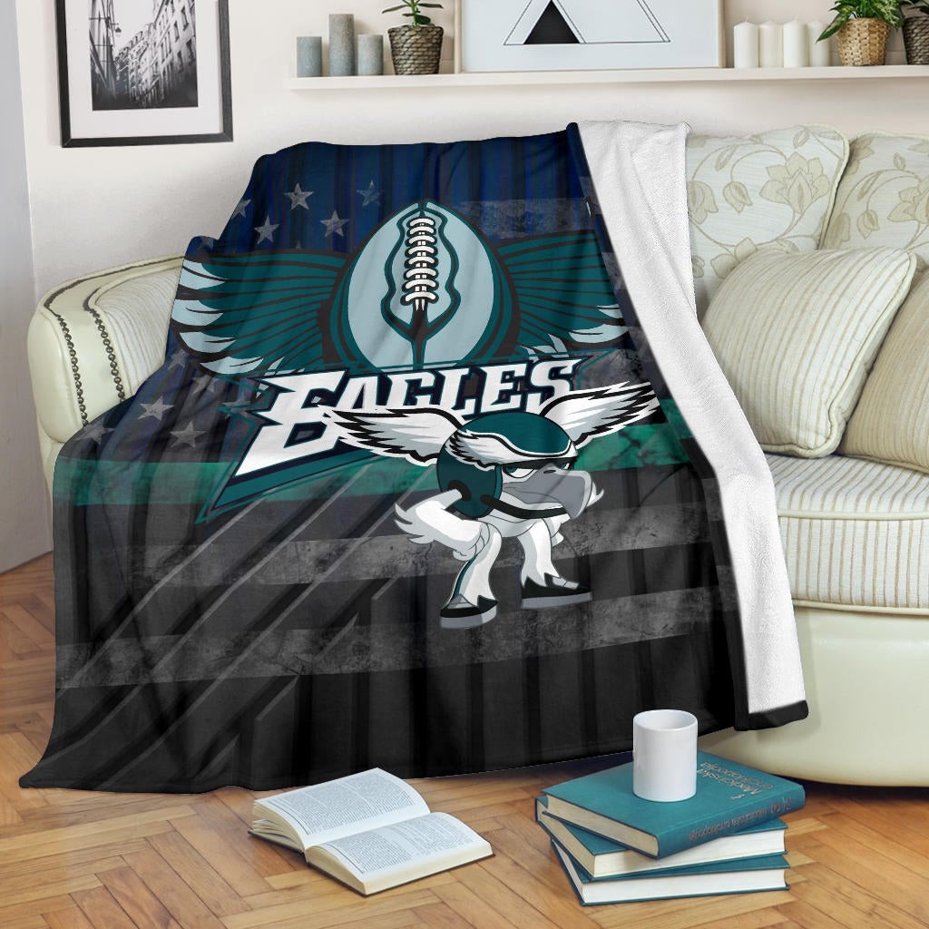 Philadelphia Eagles American Football Team Fleece Blanket Funny Eagle Wearing Helmet Rugby Ball With Wings Fleece Blankets