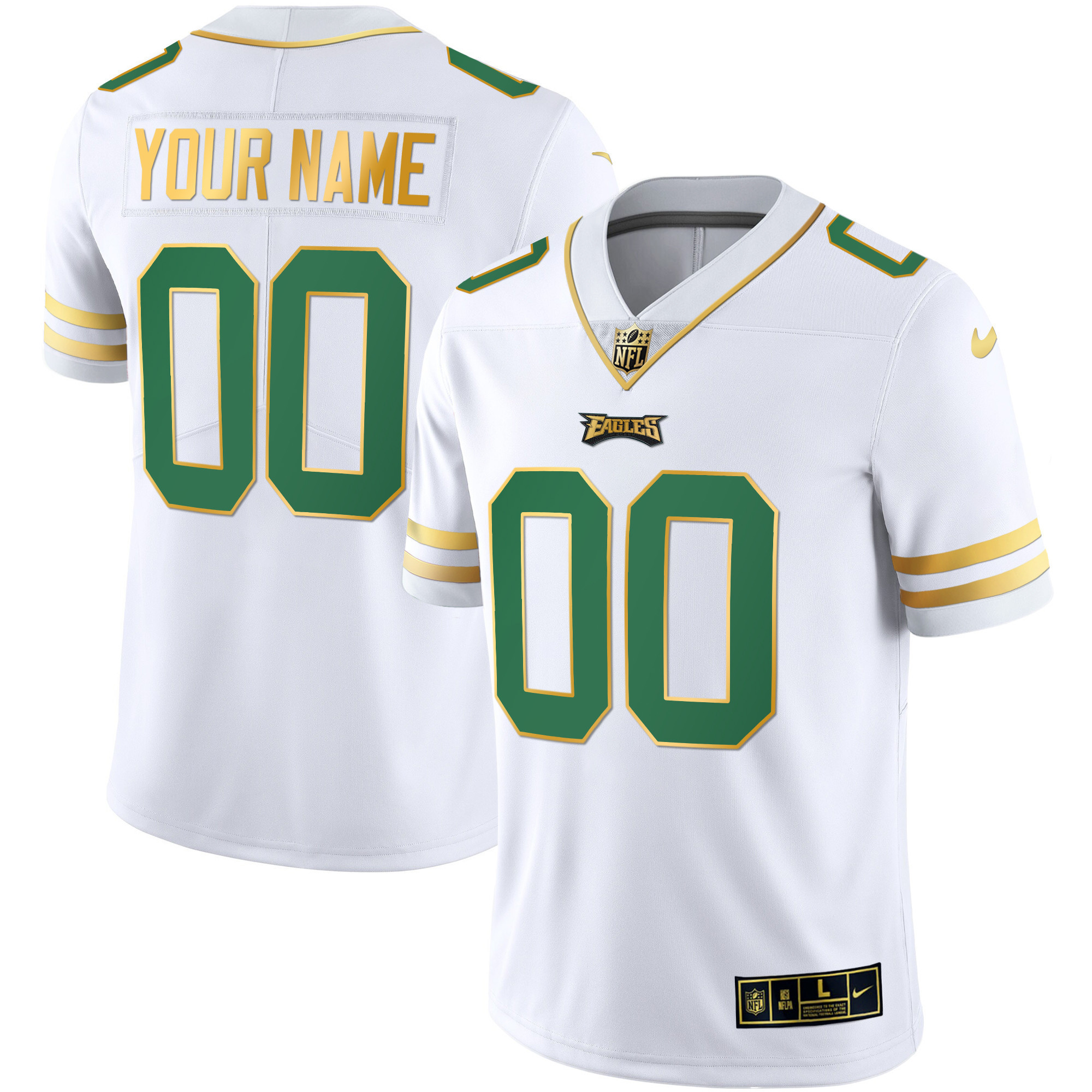 Philadelphia Eagles Gold & Kelly Vapor Custom V3 Kelly White Jersey - All Stitched