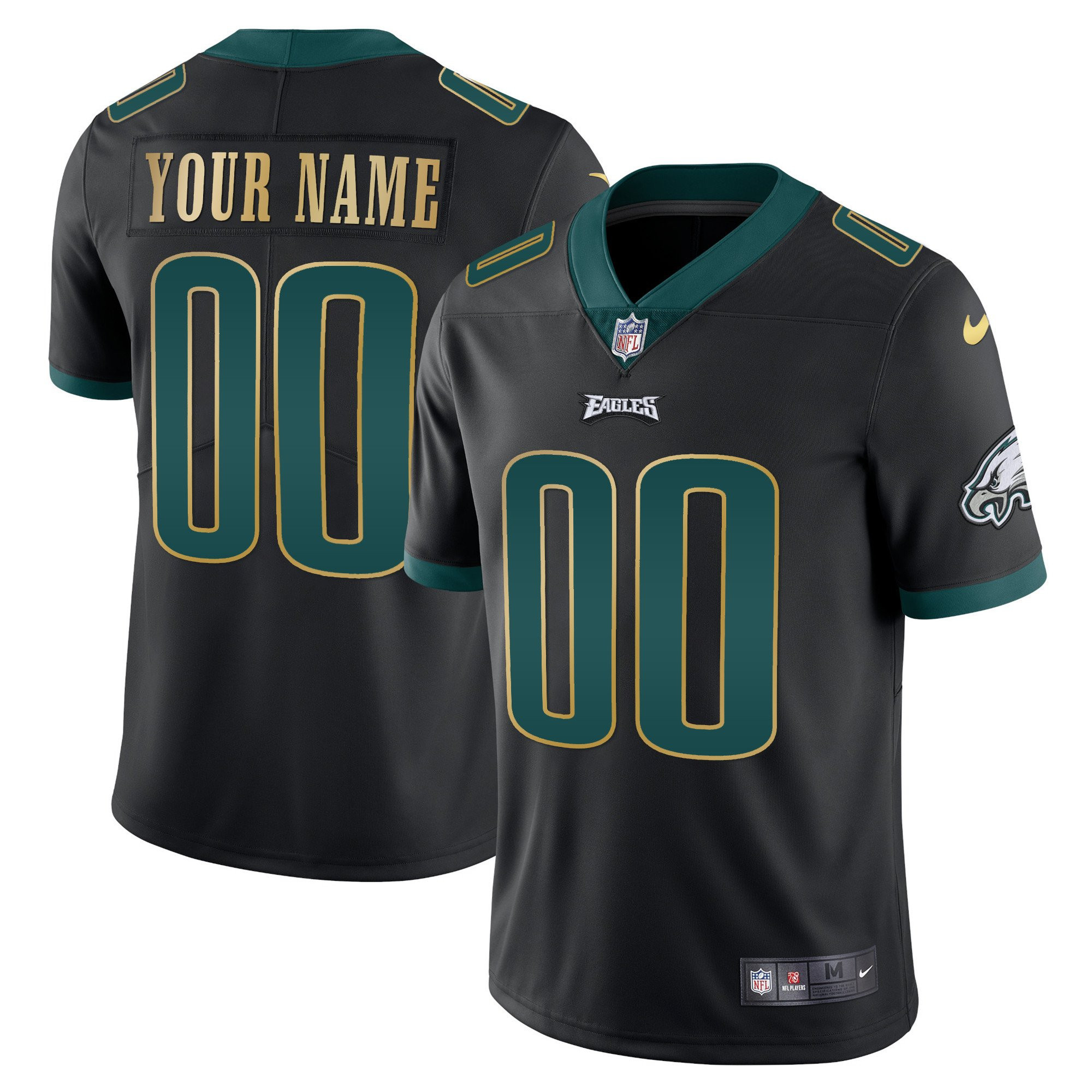 Philadelphia Eagles Gold & Split Custom Name and Number Black Gold Trim Jersey - All Stitched