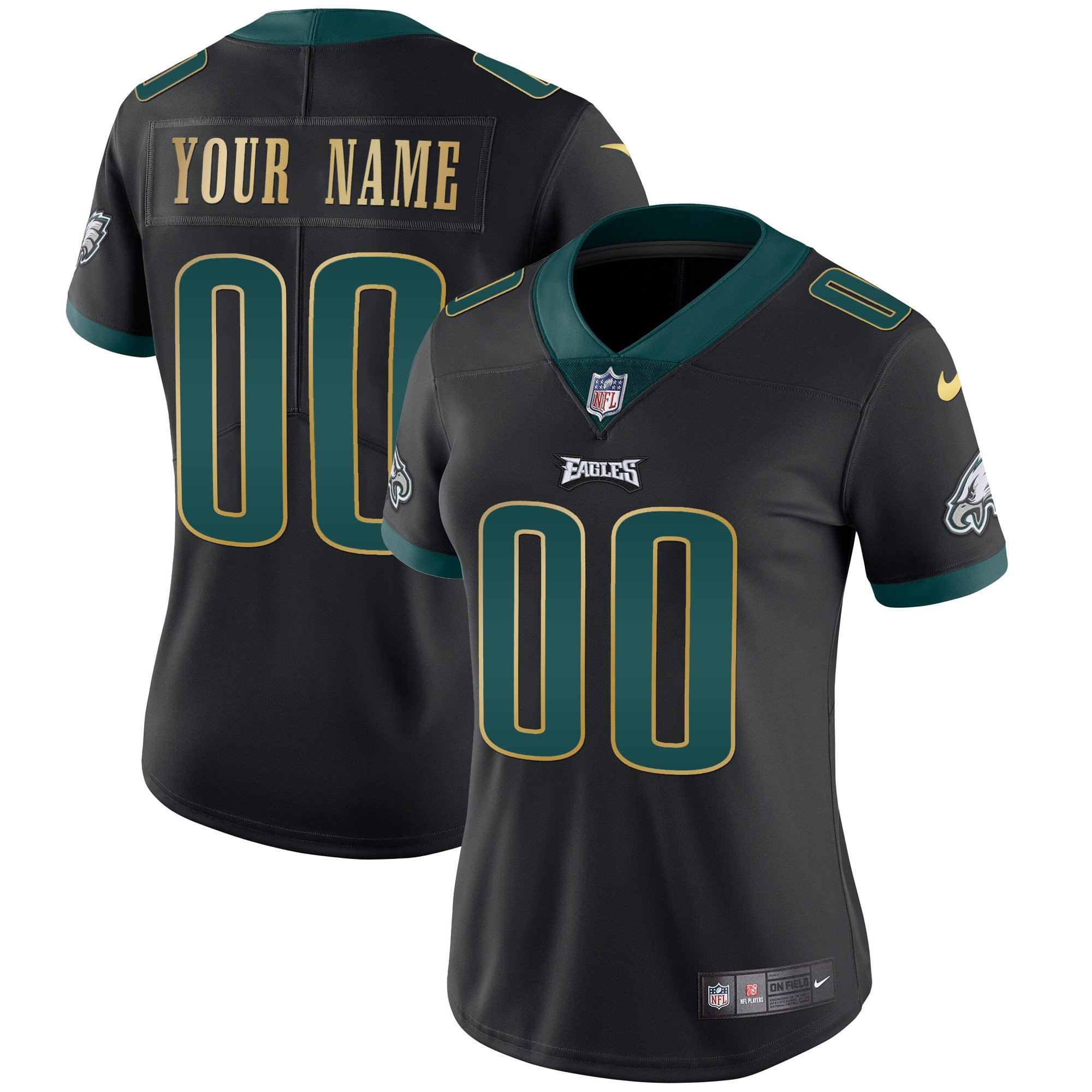Philadelphia Eagles Gold & Split Custom Name and Number Black Gold Trim Jersey - All Stitched