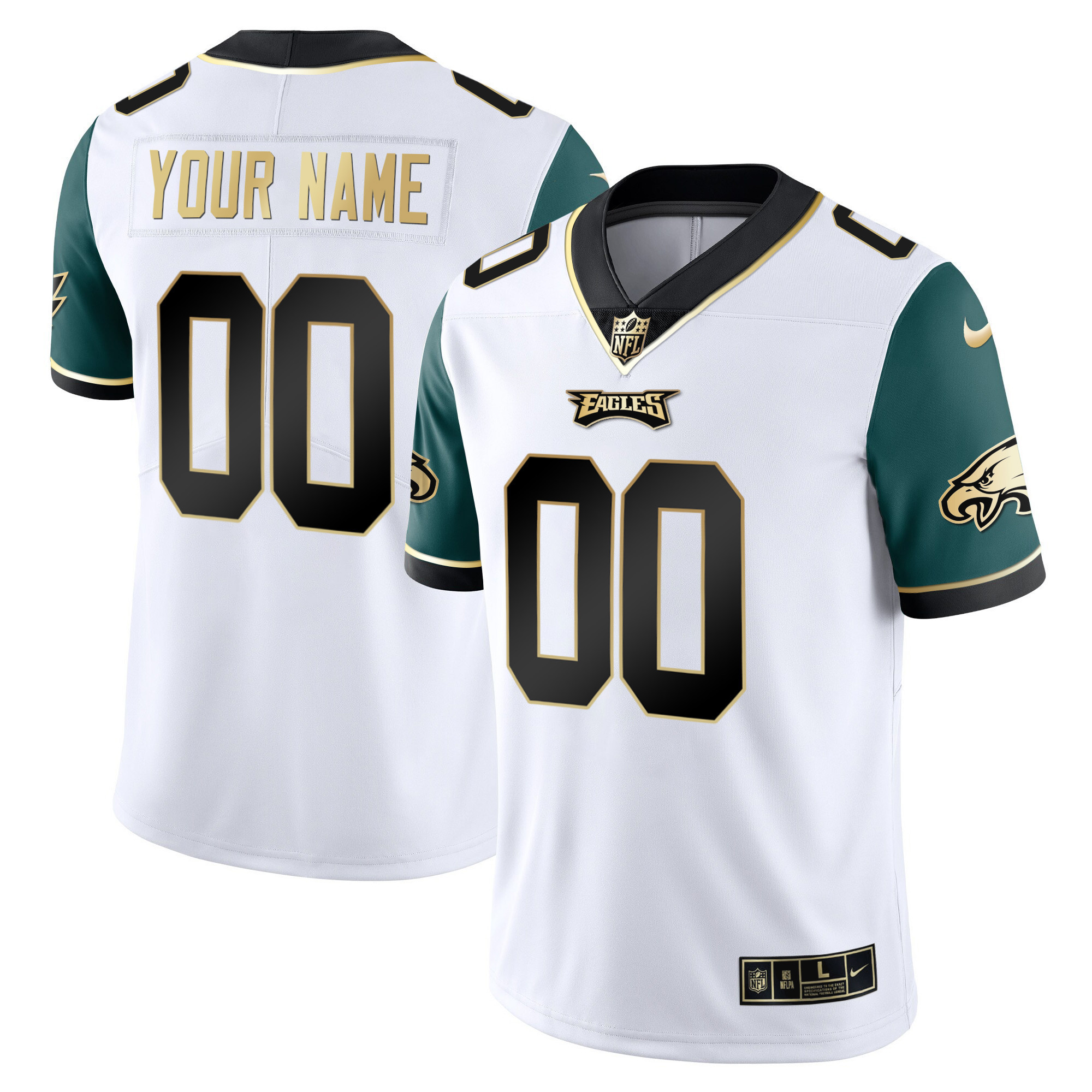 Philadelphia Eagles Gold & Split Custom Name and Number Green Sleeves Jersey - All Stitched
