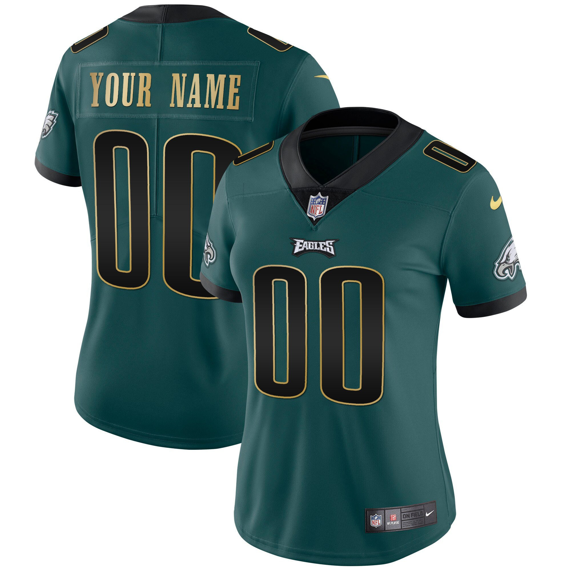 Philadelphia Eagles Gold & Split Custom Name and Number Midnight Green Gold Trim Jersey - All Stitched