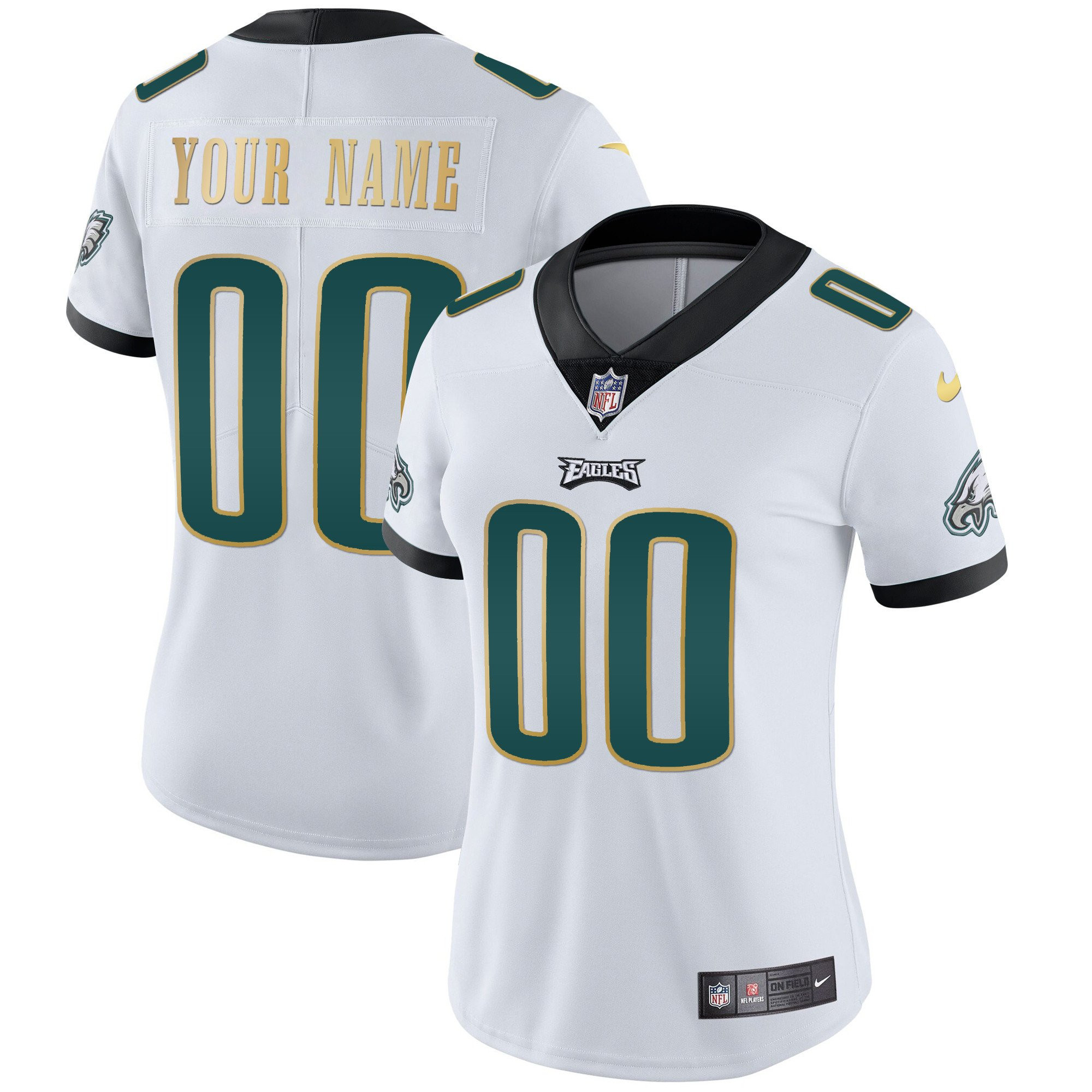 Philadelphia Eagles Gold & Split Custom Name and Number White Gold Trim Jersey - All Stitched