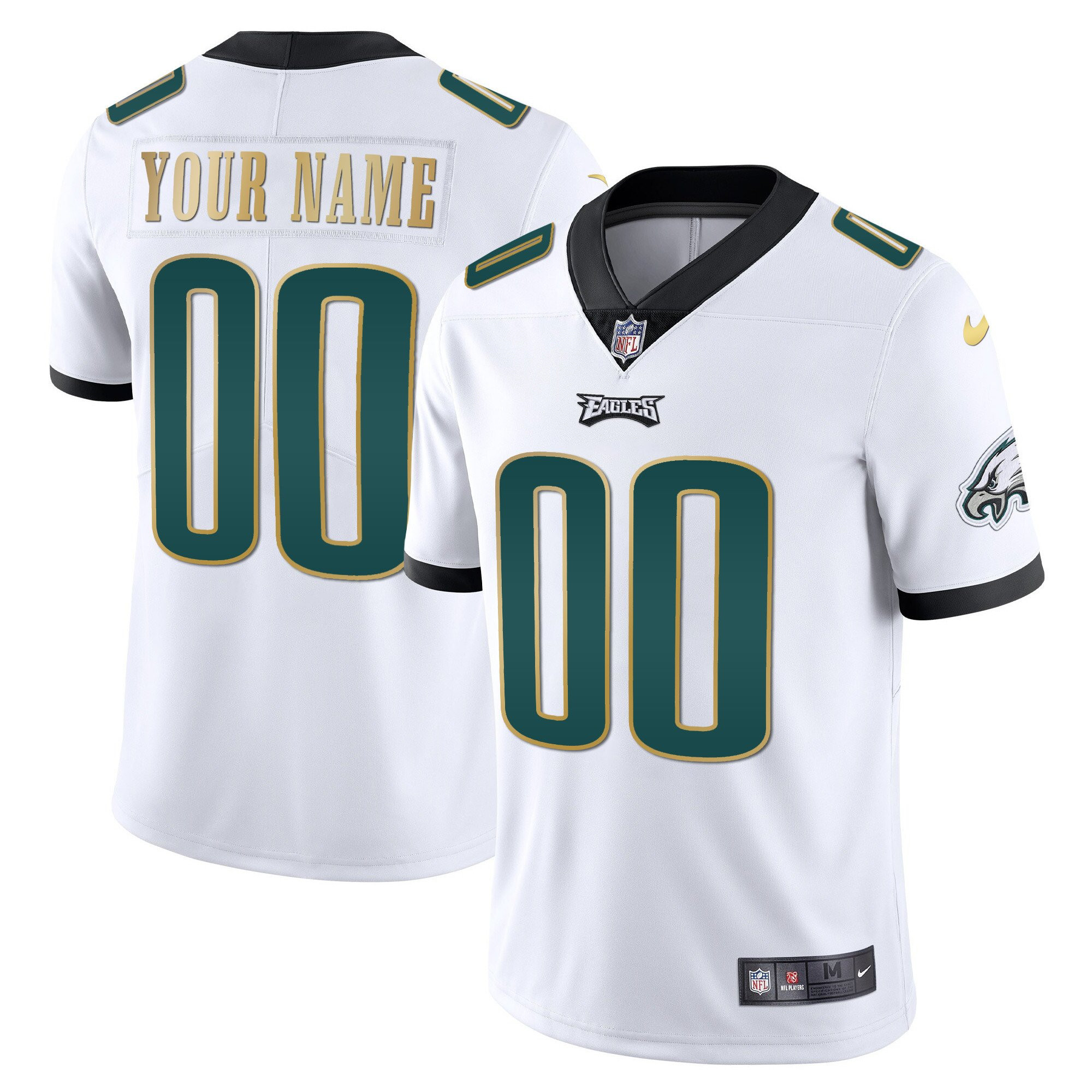 Philadelphia Eagles Gold & Split Custom Name and Number White Gold Trim Jersey - All Stitched
