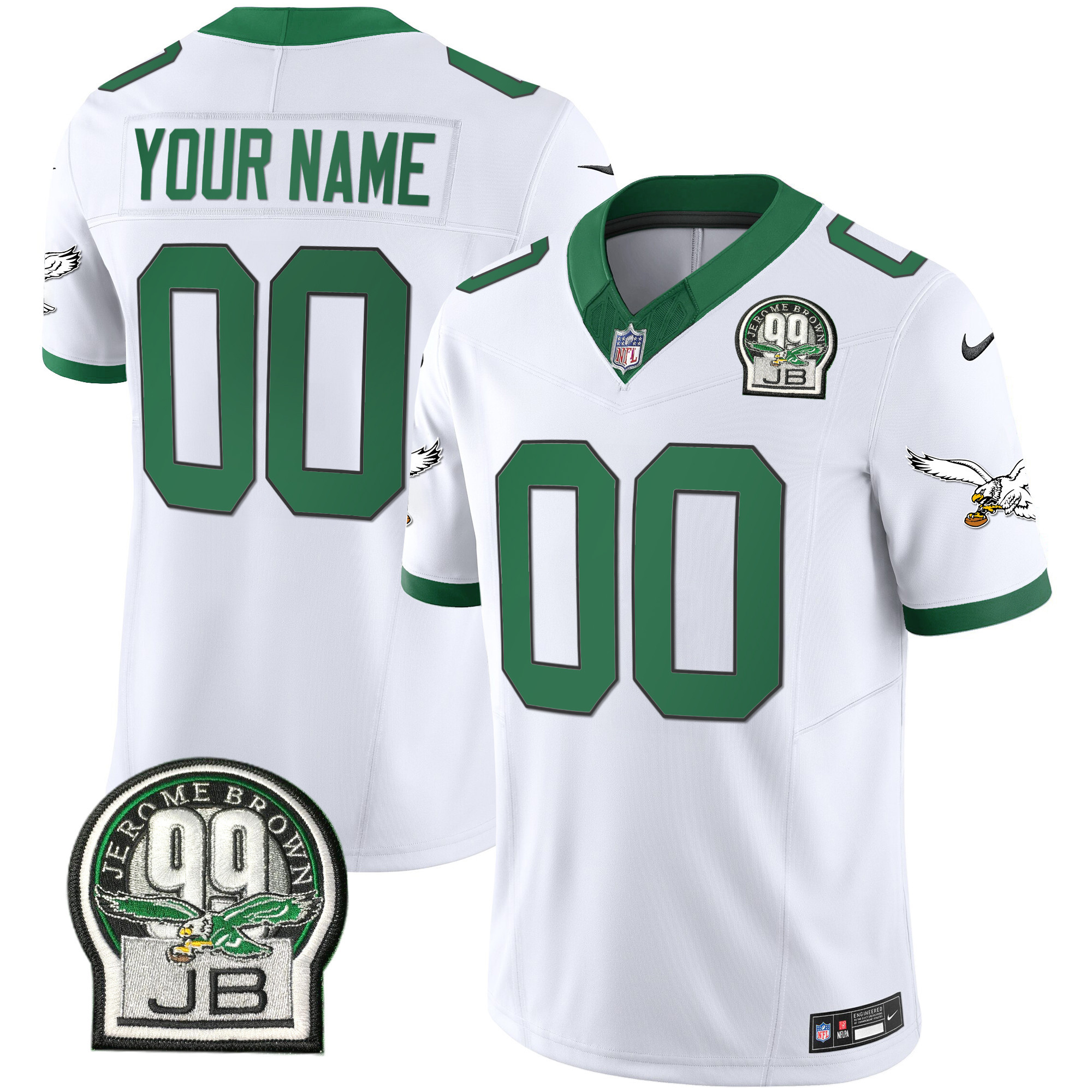 Philadelphia Eagles Jerome Brown Patch Kelly Green Alternate Custom Kelly White Jersey - All Stitched