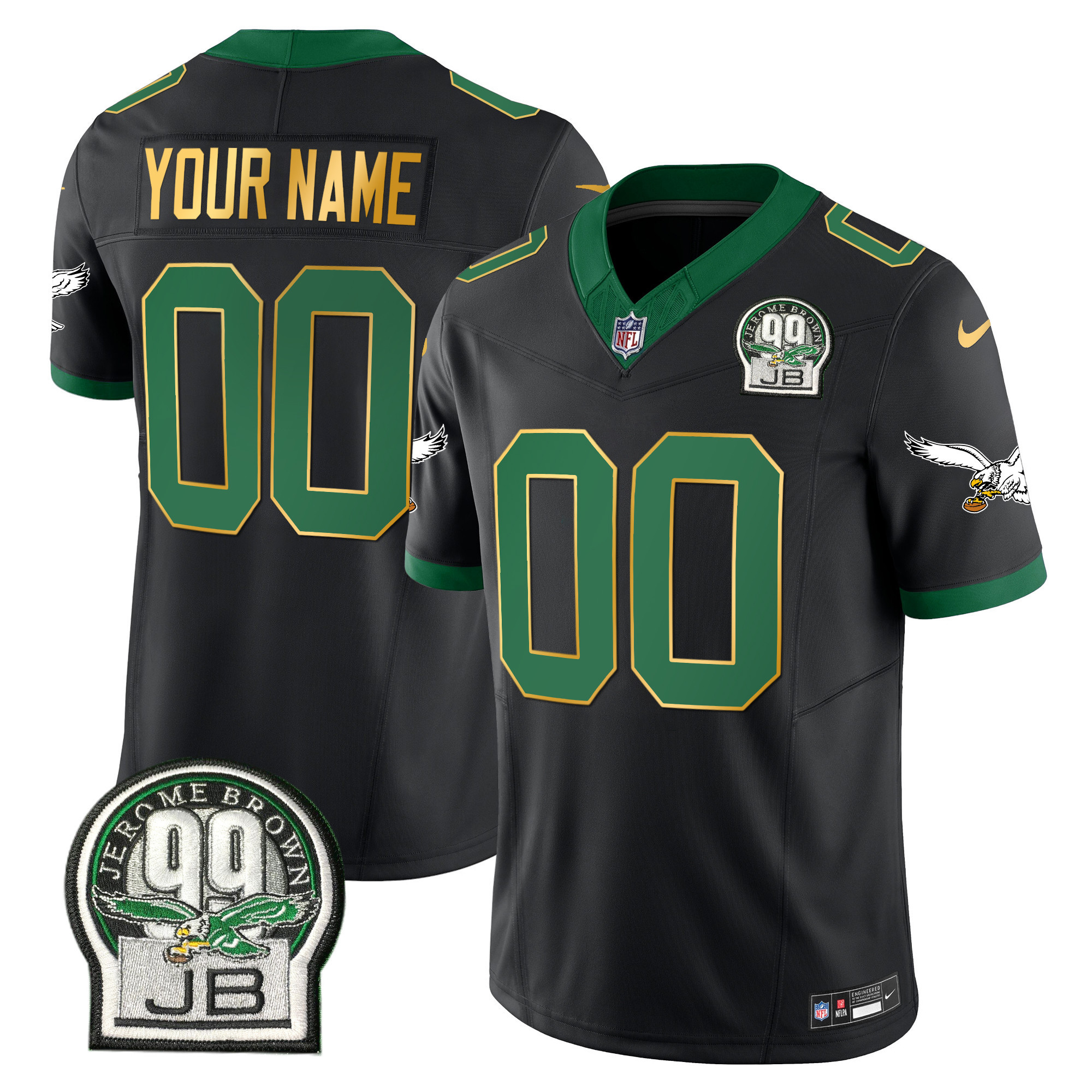 Philadelphia Eagles Jerome Brown Patch Kelly Green Gold Trim Custom Black Jersey - All Stitched