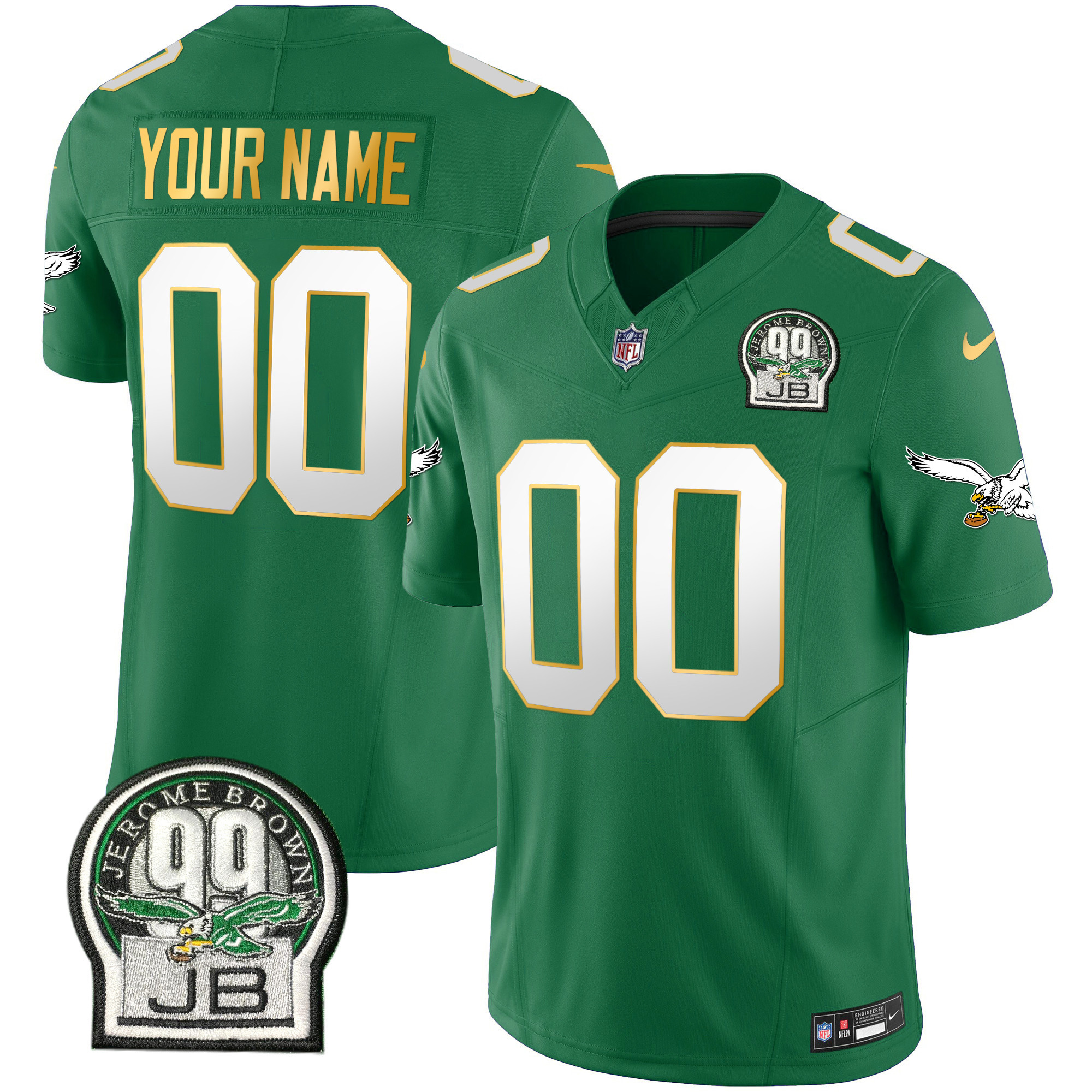 Philadelphia Eagles Jerome Brown Patch Kelly Green Gold Trim Custom Jersey - All Stitched